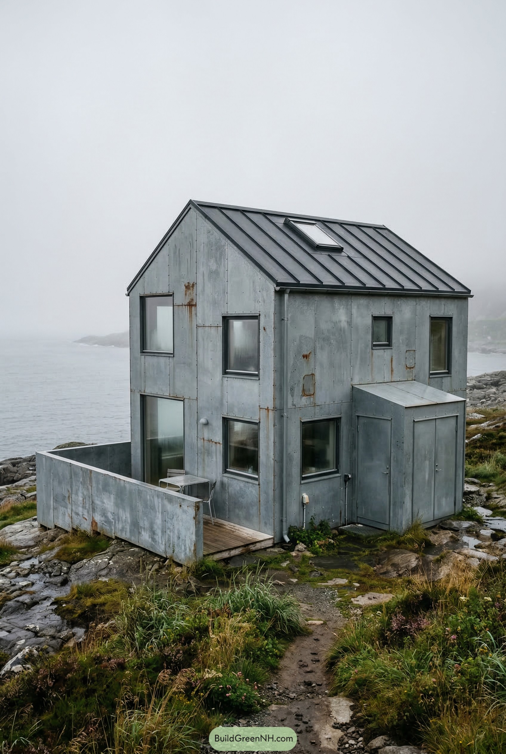 Weathered metal gabled house on rocky coast