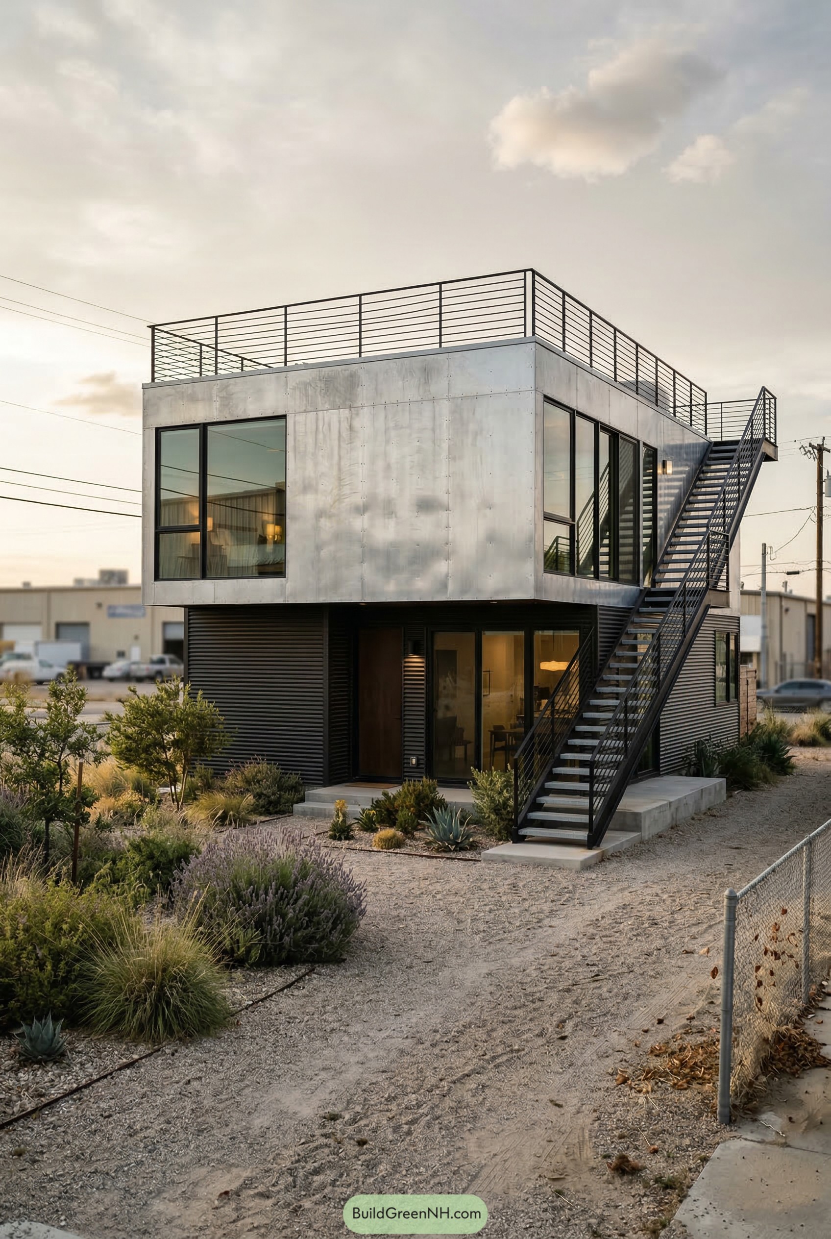 Boxy metal house with rooftop deck and exterior stair