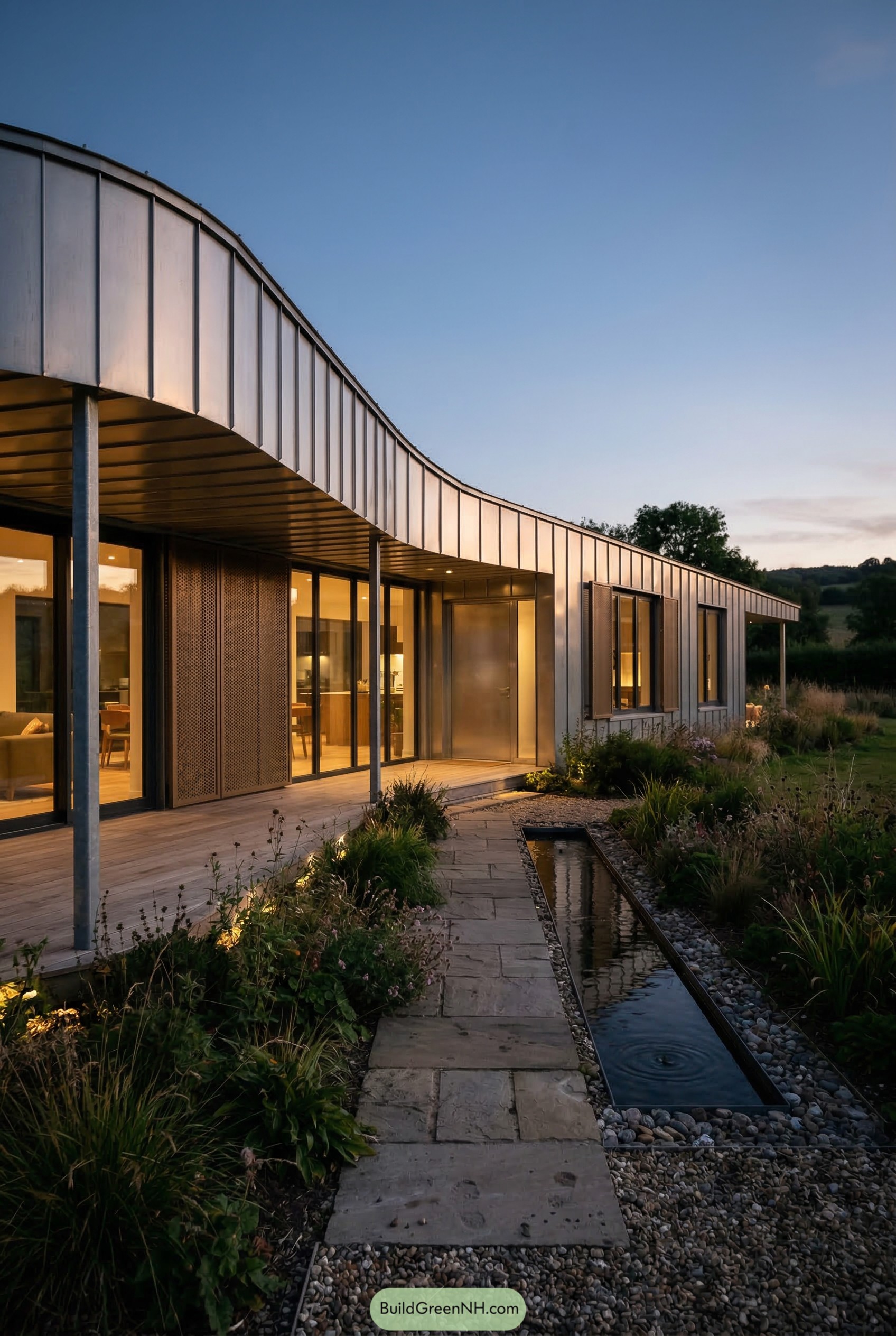 Curved metal longhouse beside a narrow rill