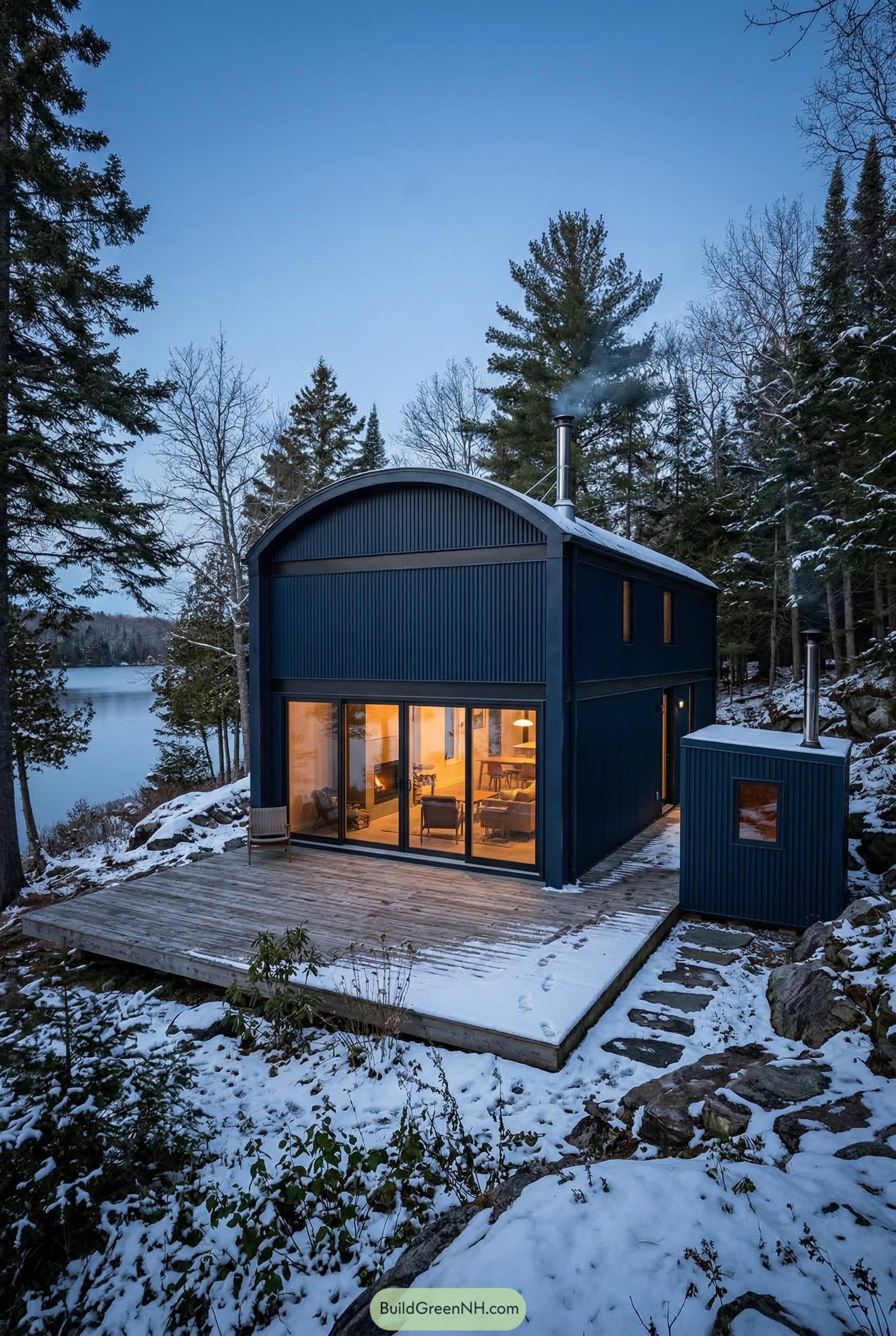 Dark blue arched metal cabin by snowy lake