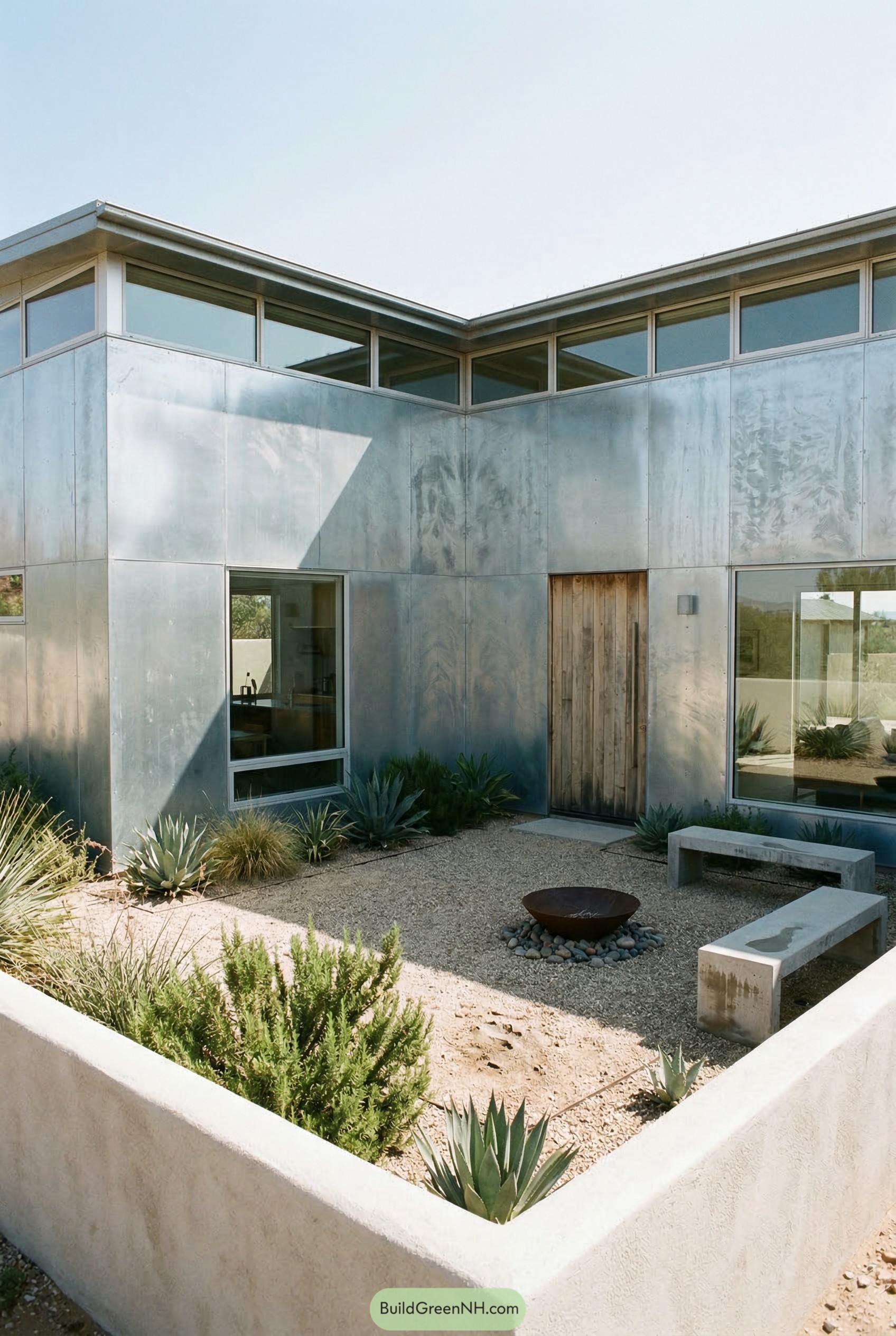 Metal clad courtyard home with gravel garden and concrete benches