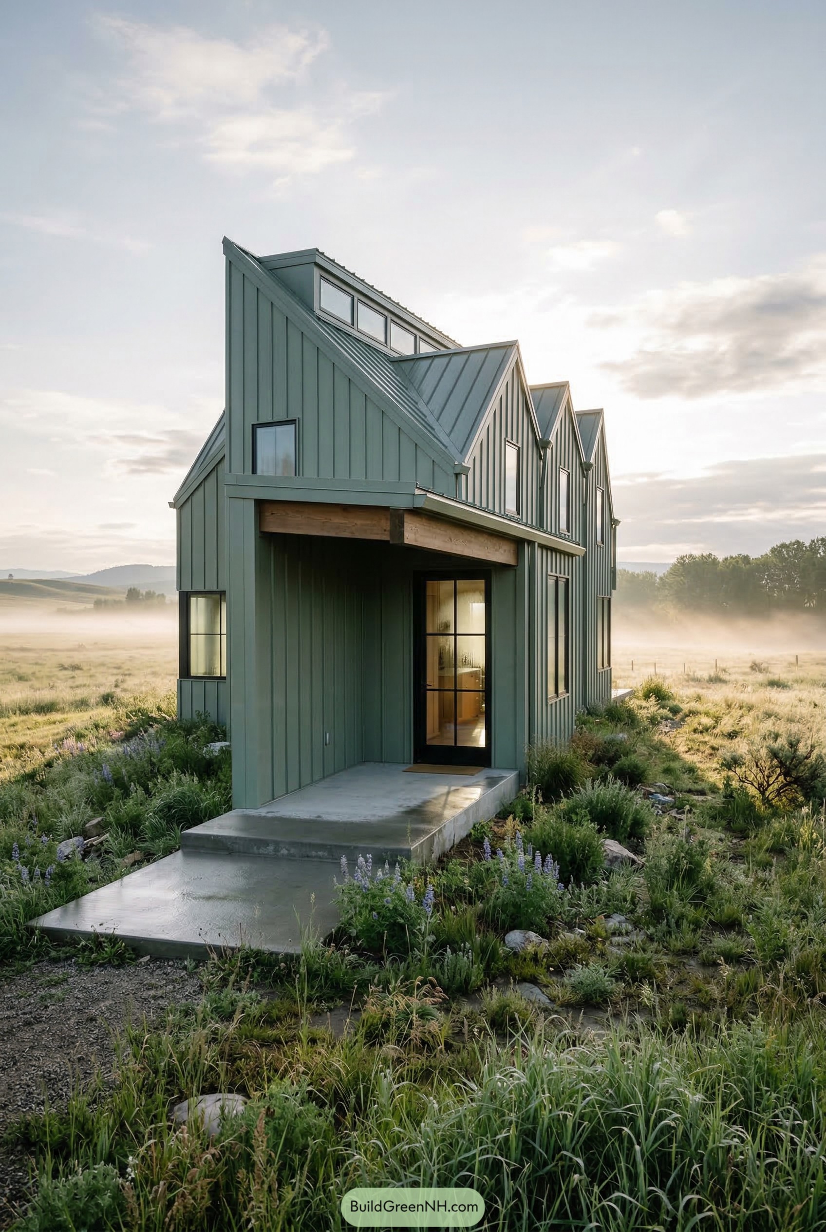 Green metal house with stepped gables