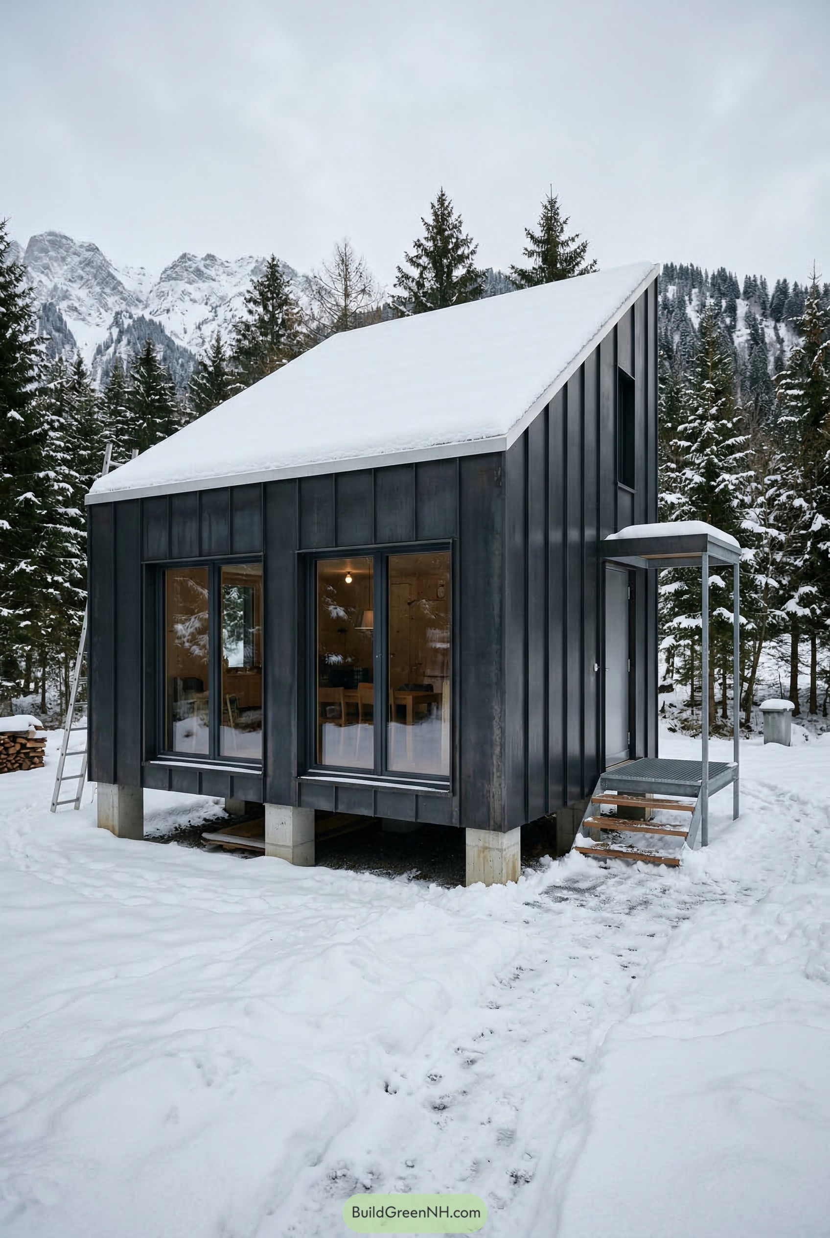 Black metal cabin with steep sloped roof in snow