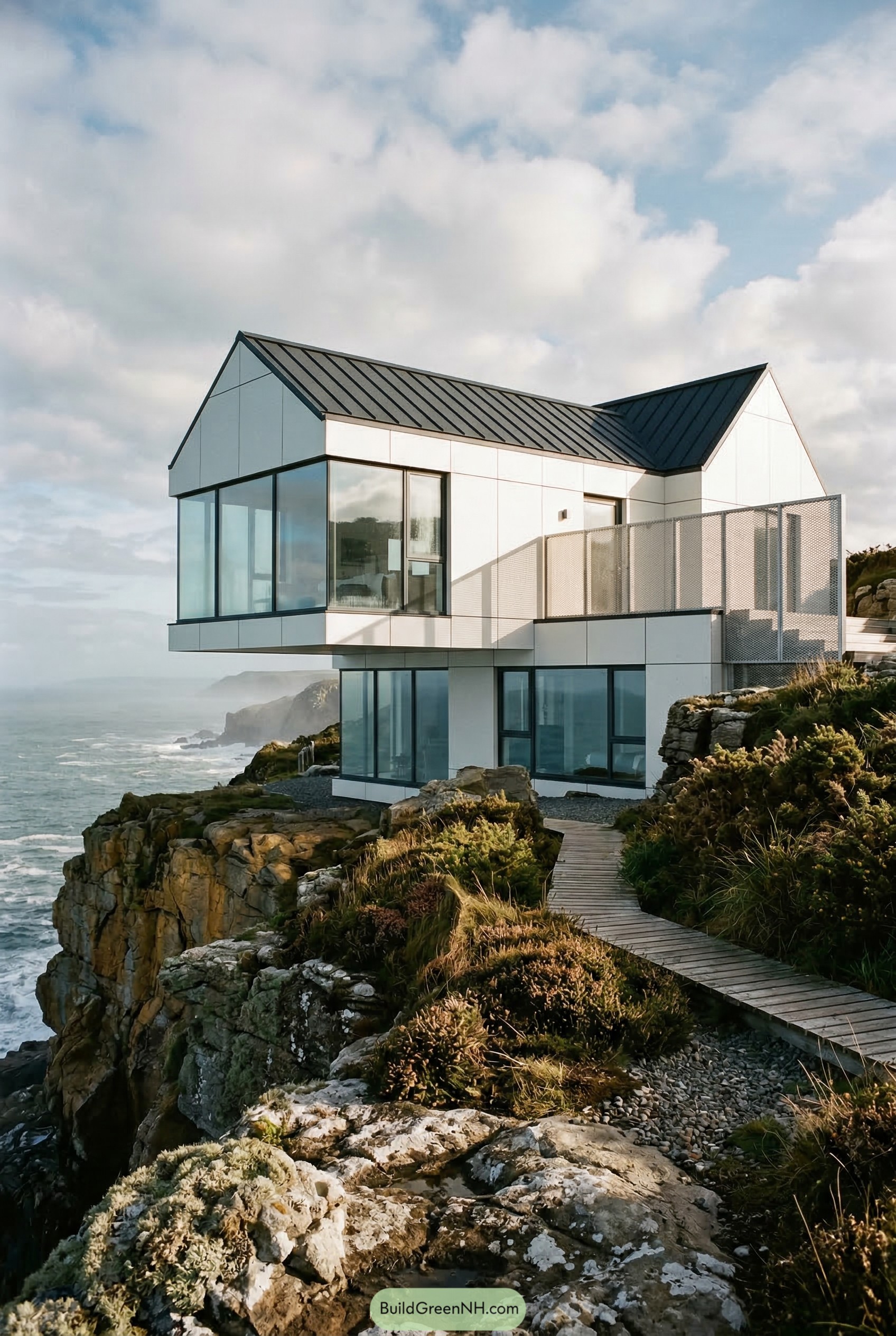 White metal cliff house with black gabled roof
