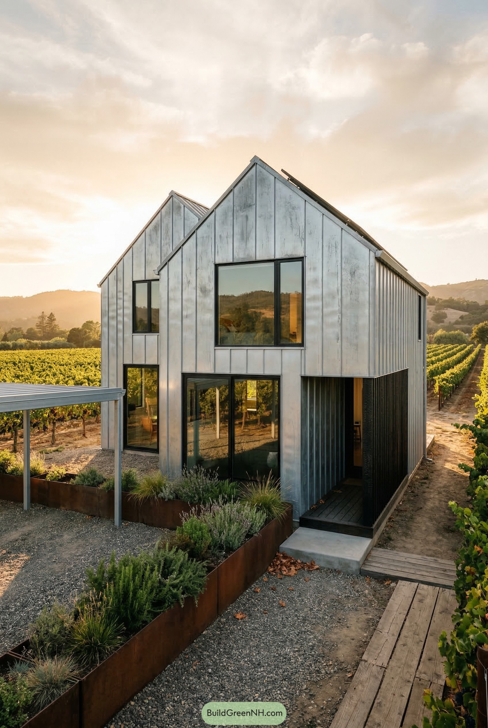 Twin gabled metal house beside vineyards
