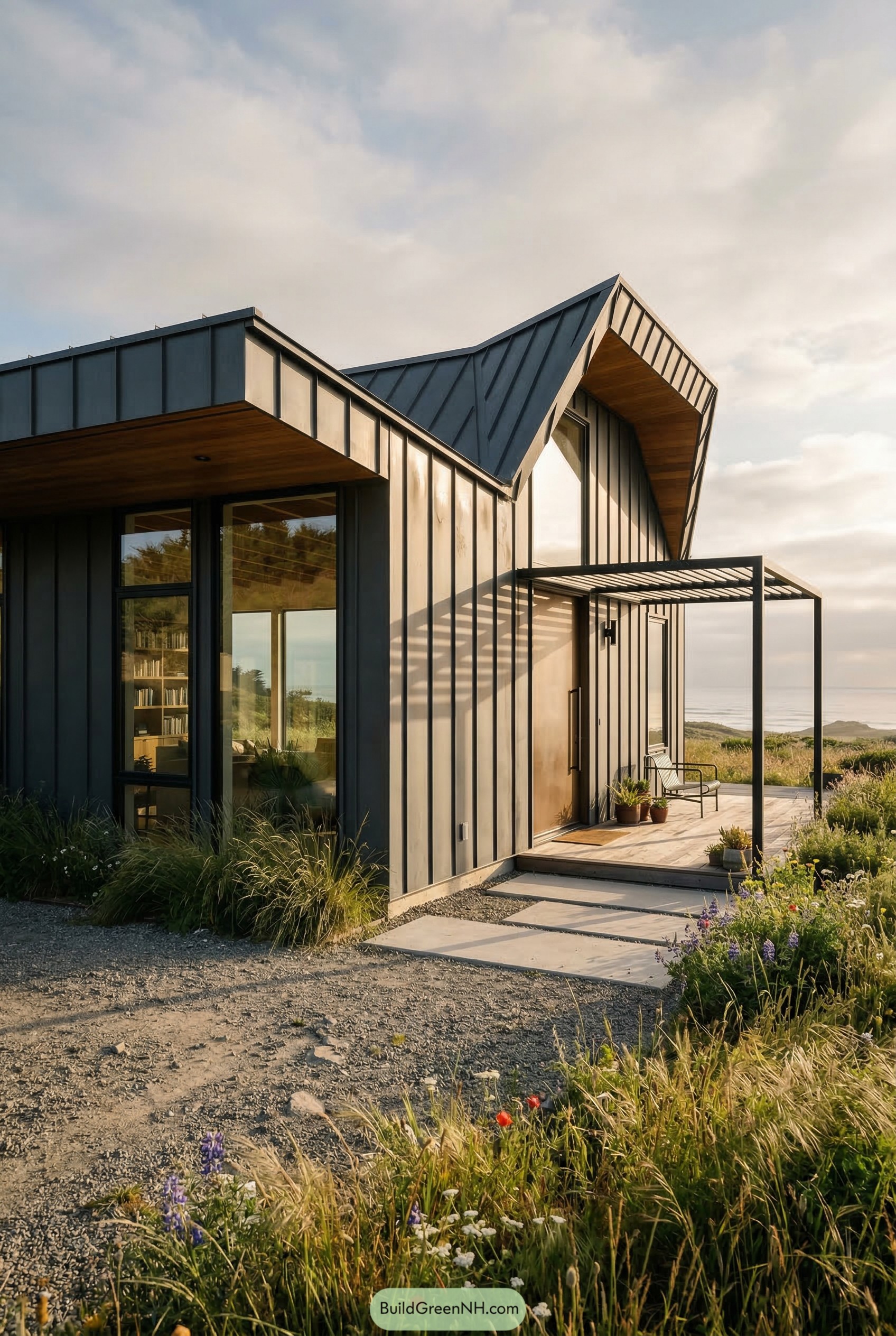 Dark metal house with angular gable roof by the coast