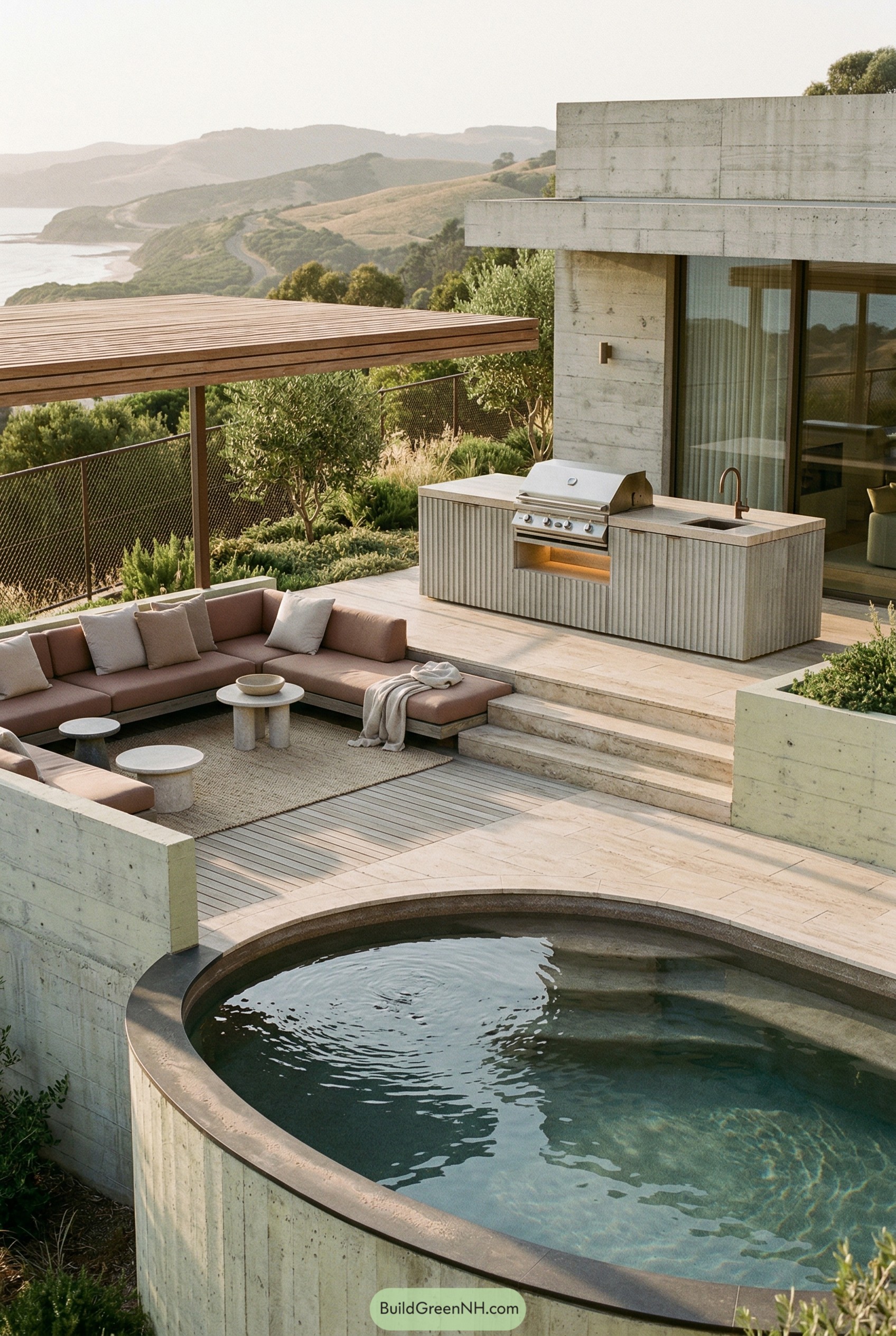Modern hillside terrace with plunge pool and outdoor kitchen