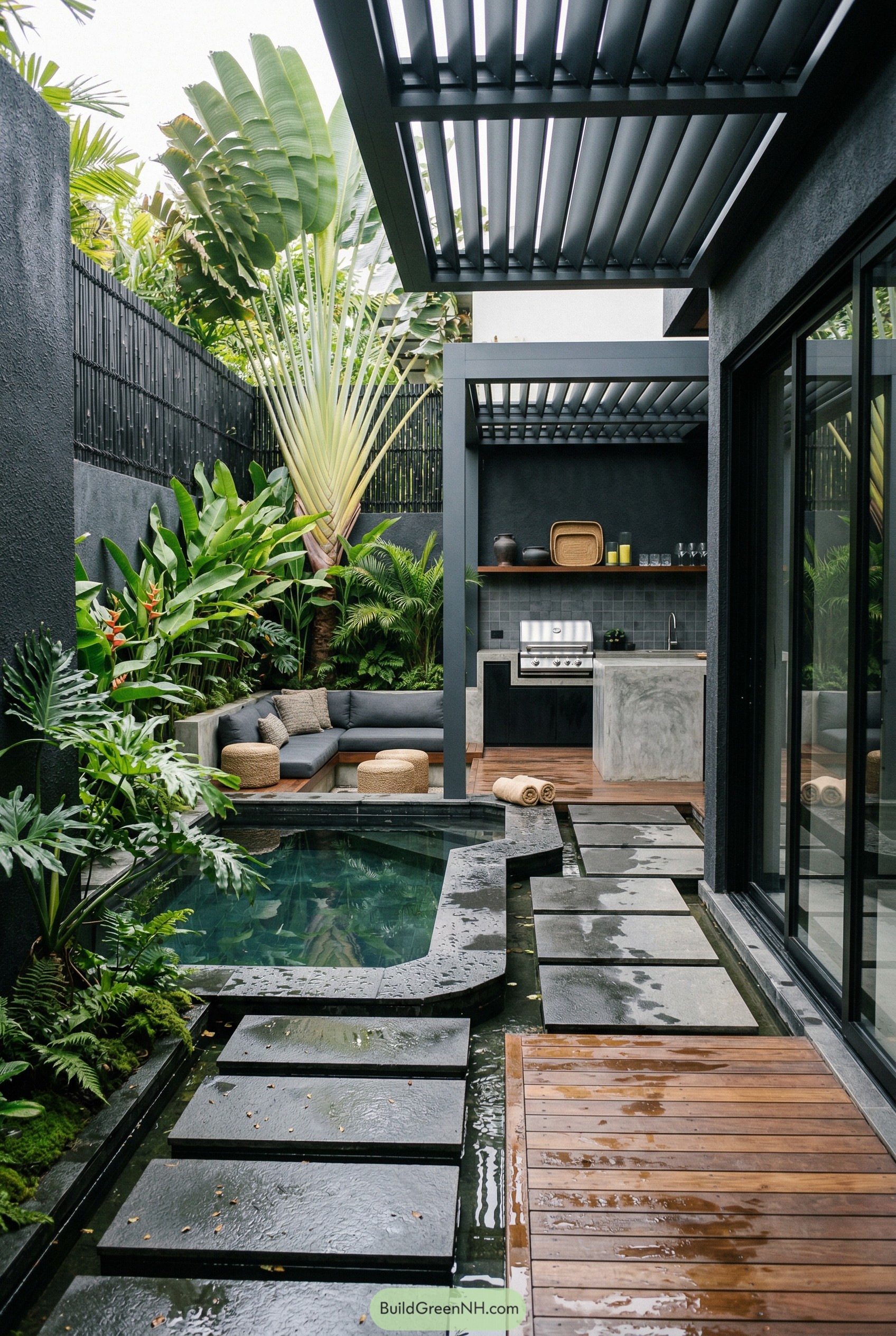 Tropical courtyard with plunge pool kitchen and lounge