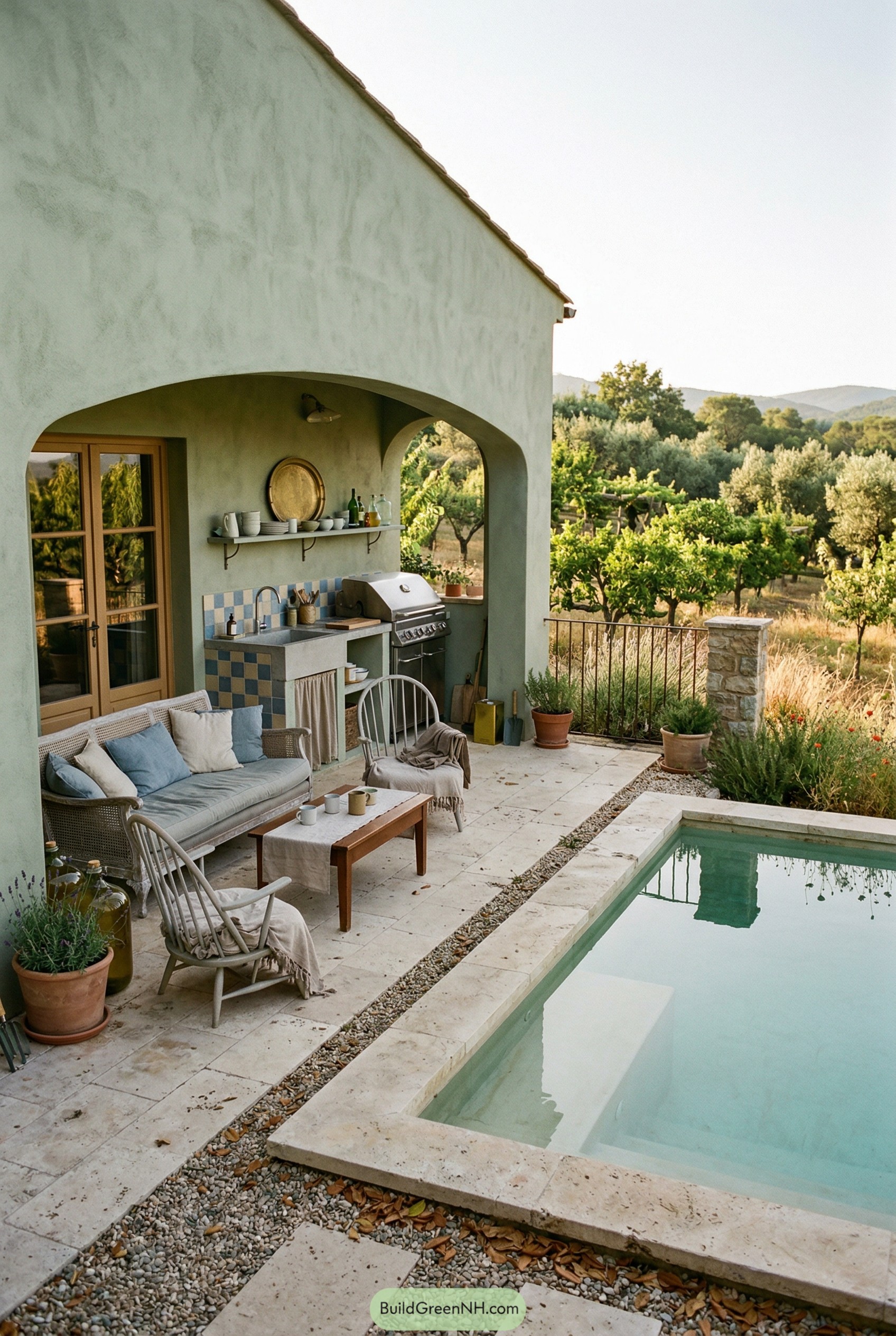 Arched terrace with plunge pool seating and grill
