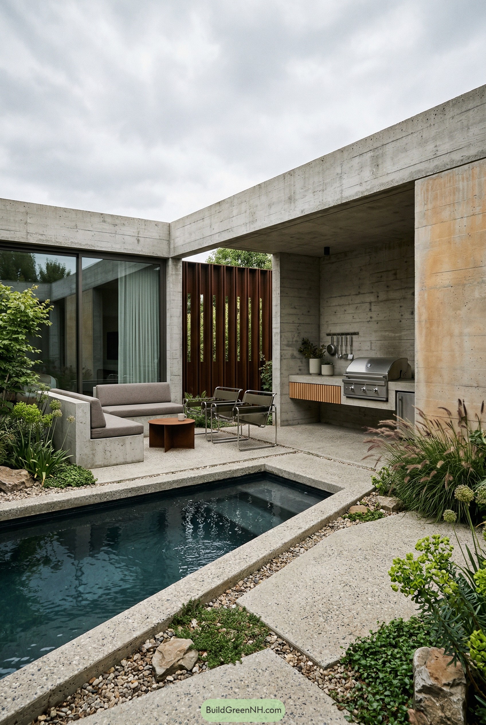 Concrete courtyard with plunge pool seating and grill