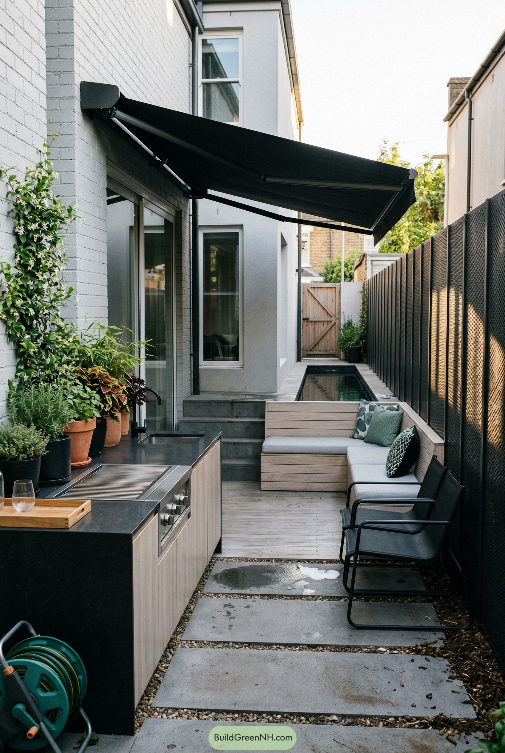 Narrow side yard with outdoor kitchen seating and plunge pool