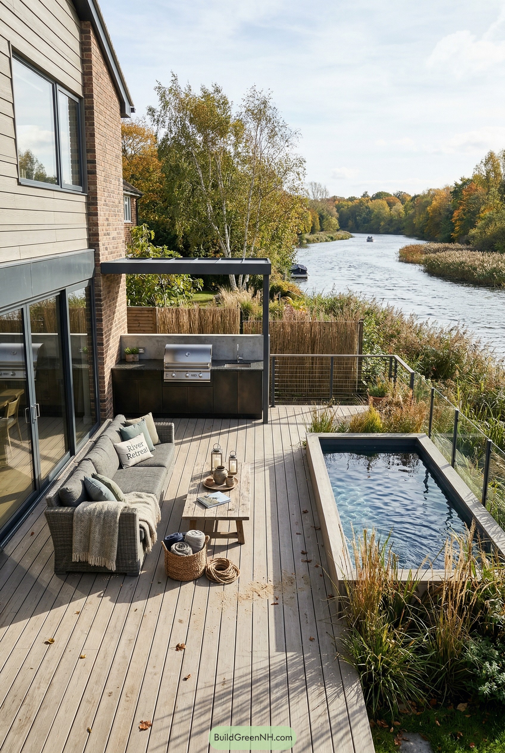 Riverside deck with plunge pool seating and grill kitchen