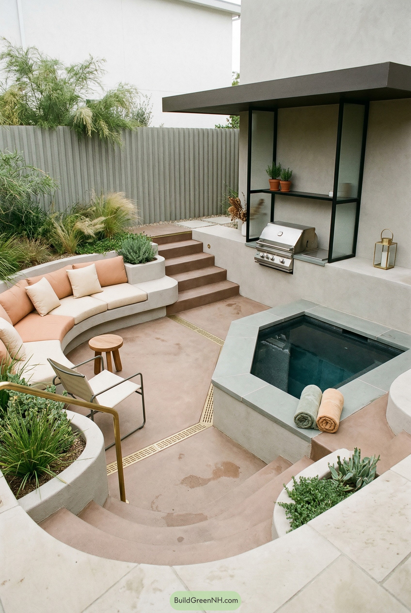 Curved seating beside a square plunge pool and outdoor grill