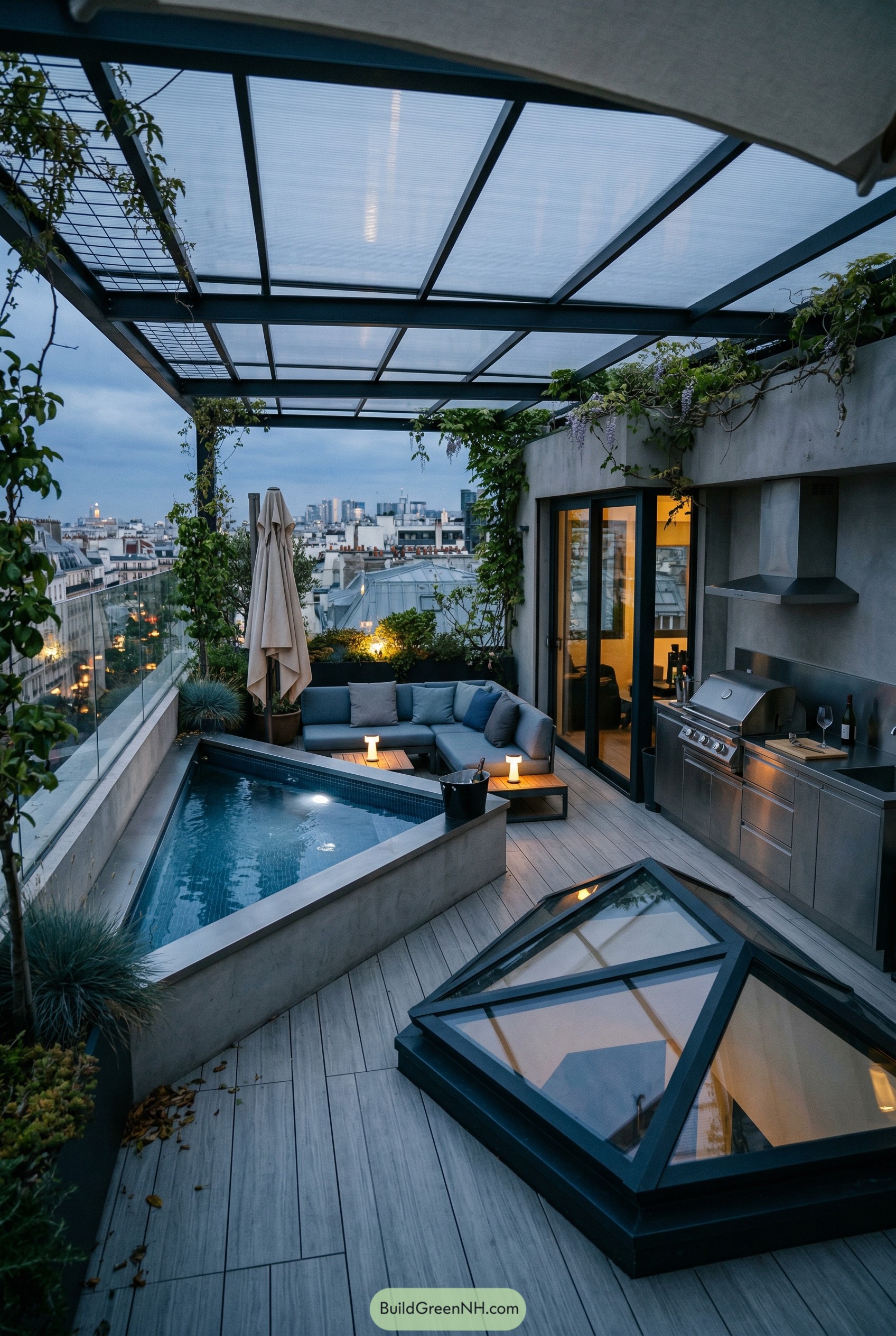 Rooftop terrace with plunge pool sofa and grill