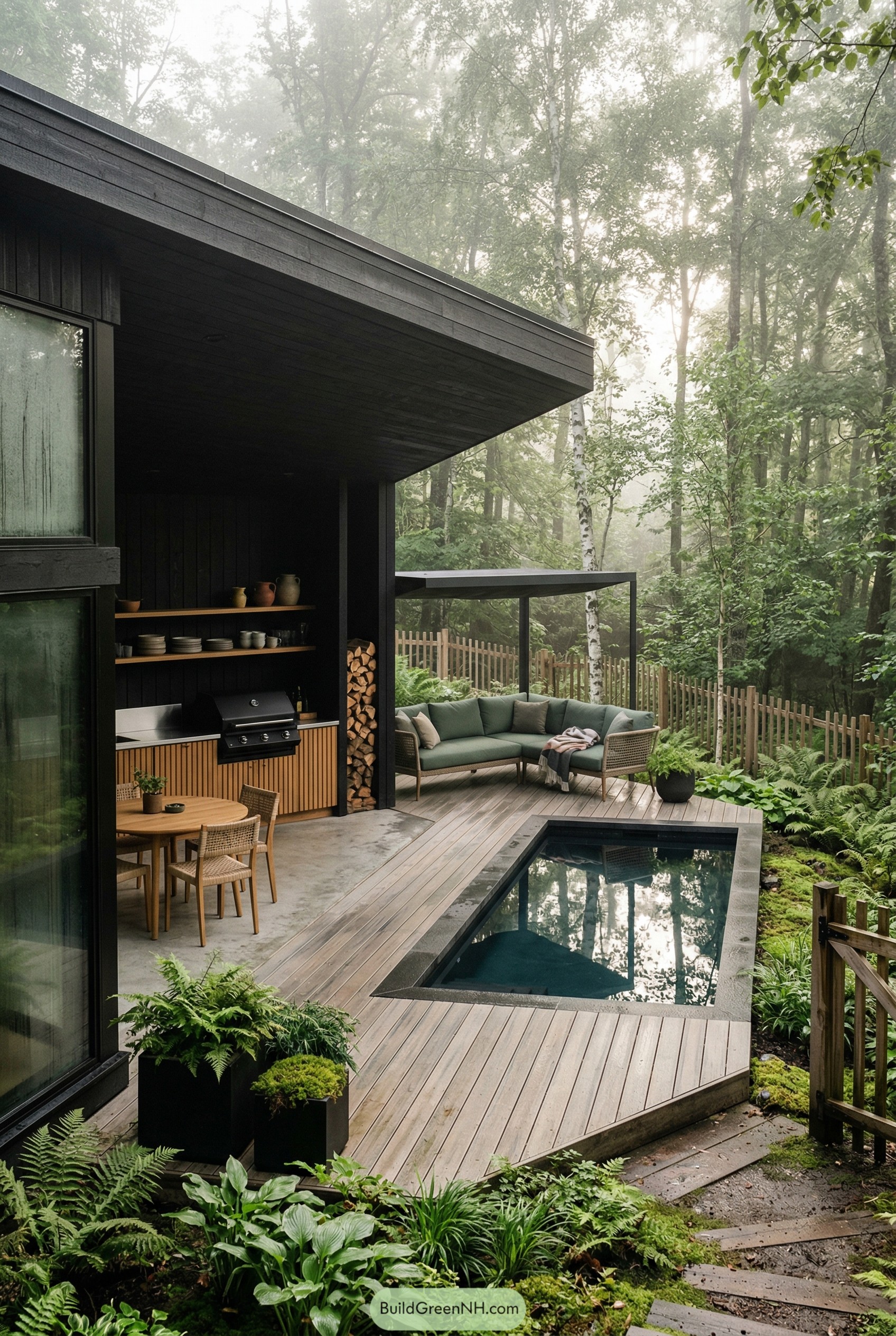 Modern forest deck with plunge pool and grill