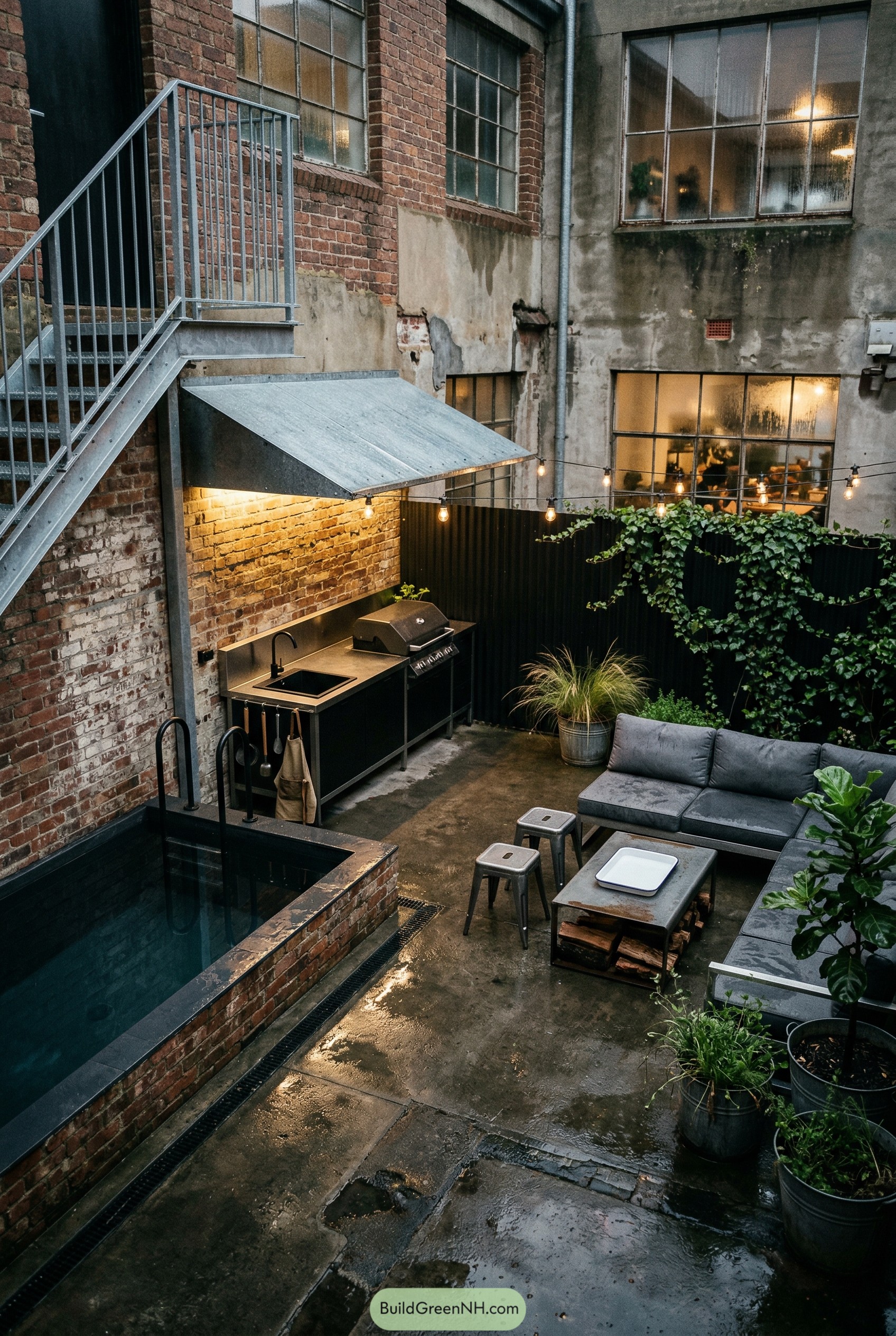 Industrial courtyard with plunge pool and outdoor kitchen