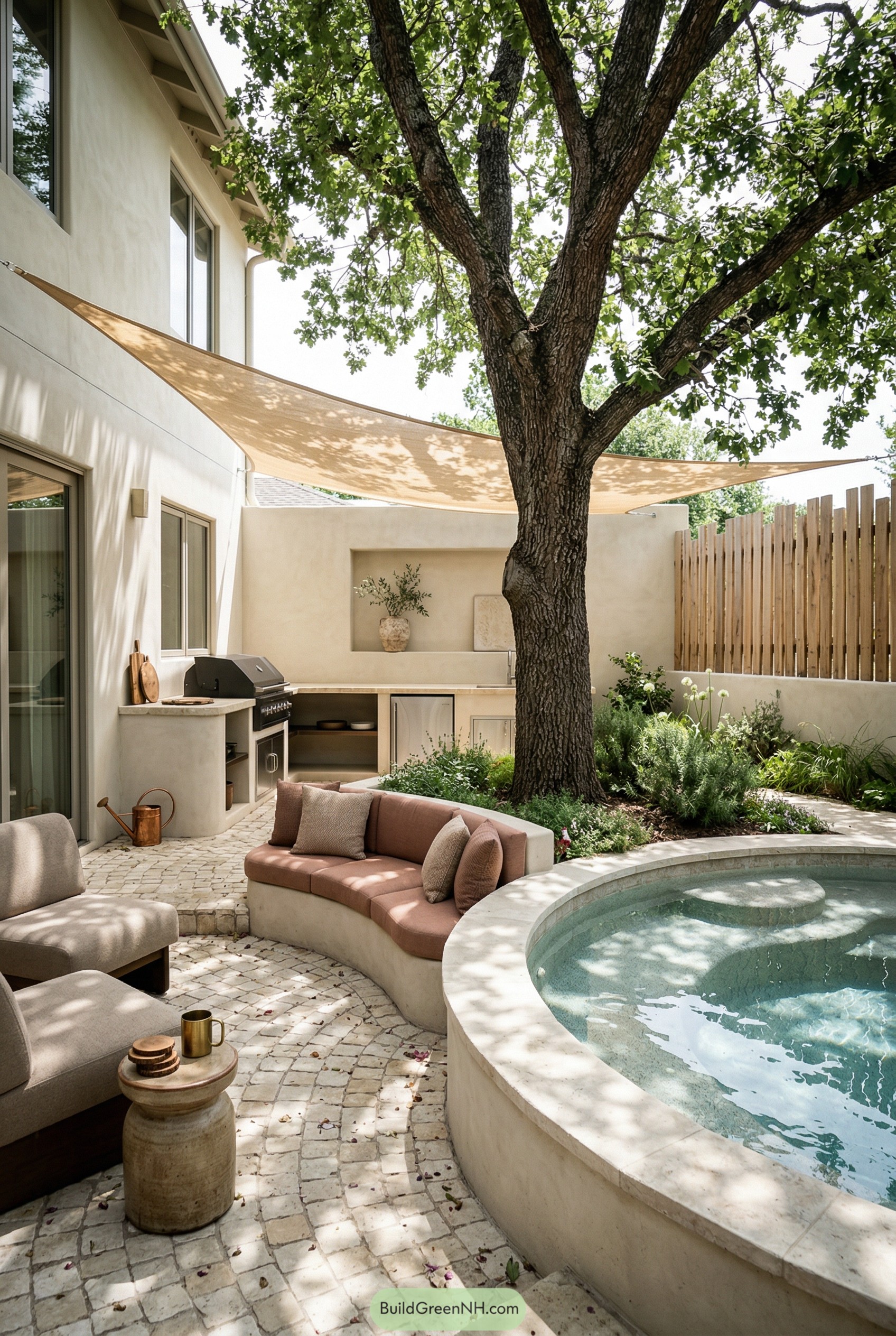 Curved plunge pool with built in seating and outdoor kitchen under an oak tree