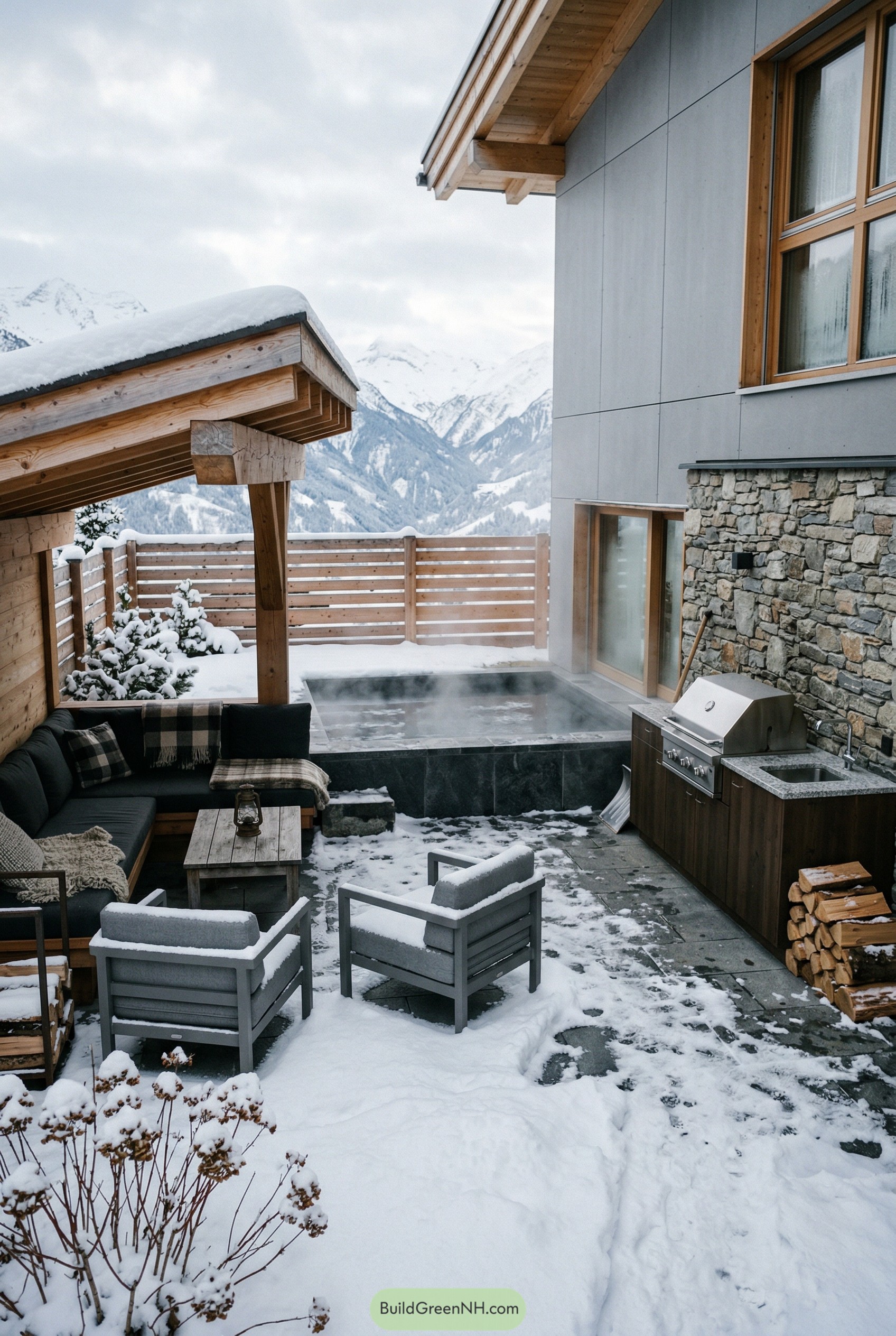 Snowy chalet patio with hot plunge pool and grill