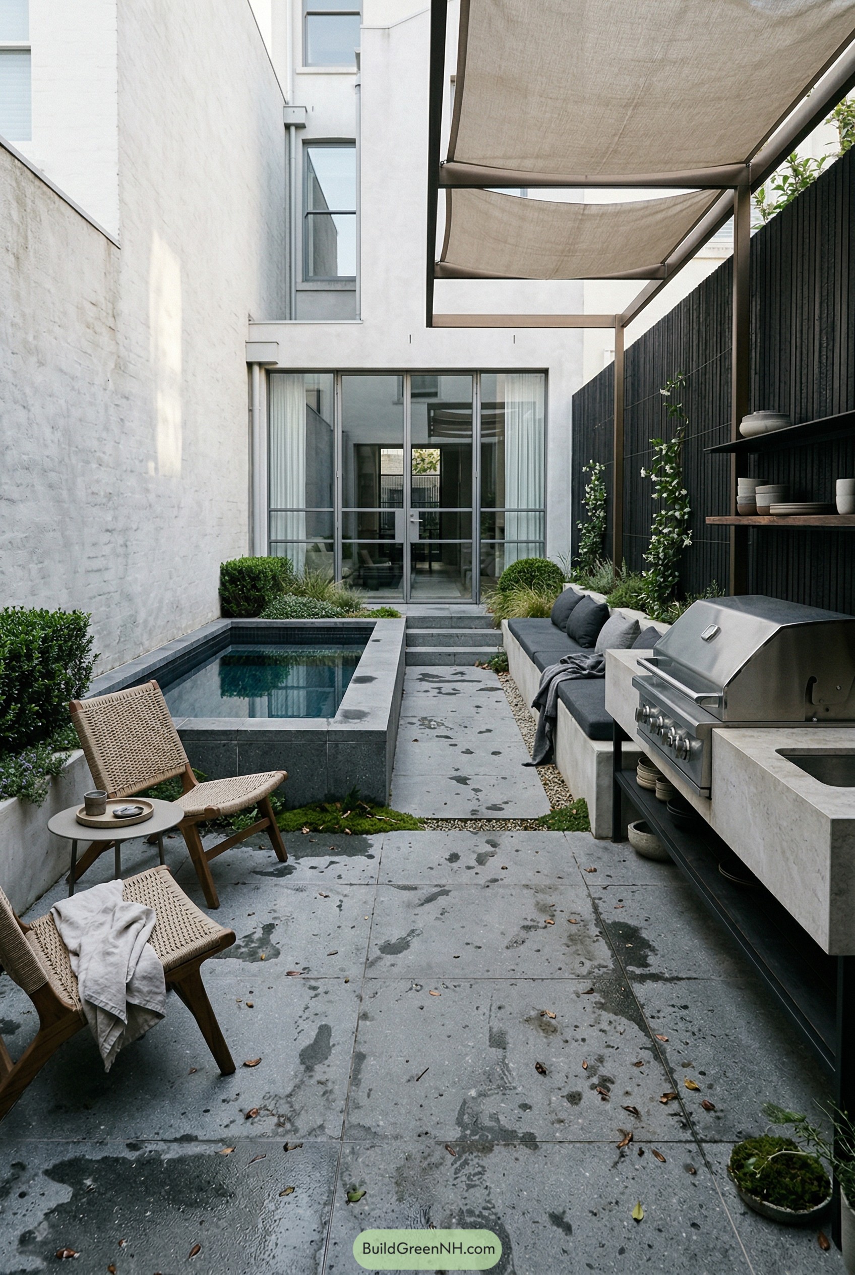 Narrow courtyard with plunge pool seating and grill