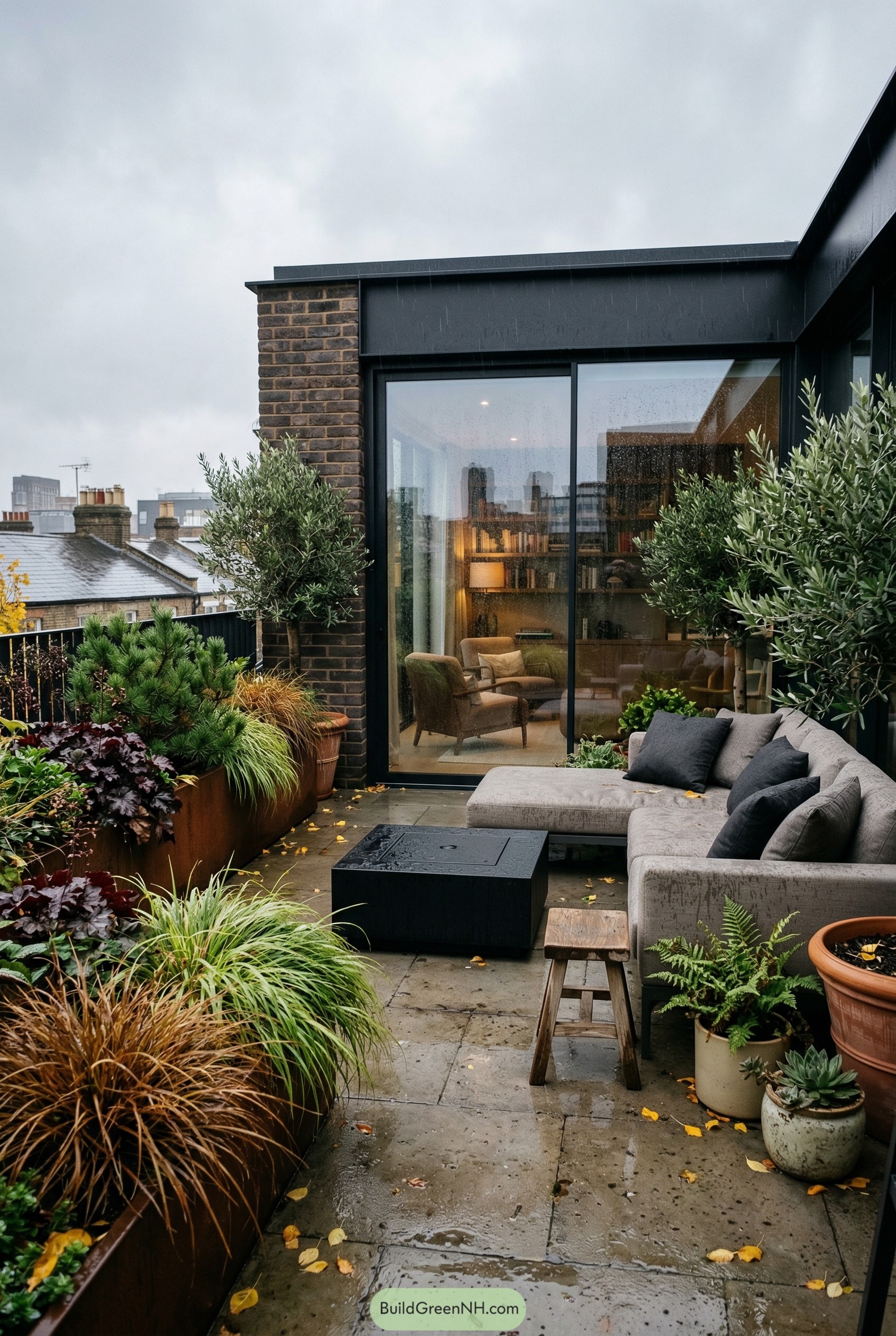 Modern rooftop patio with sectional and planters