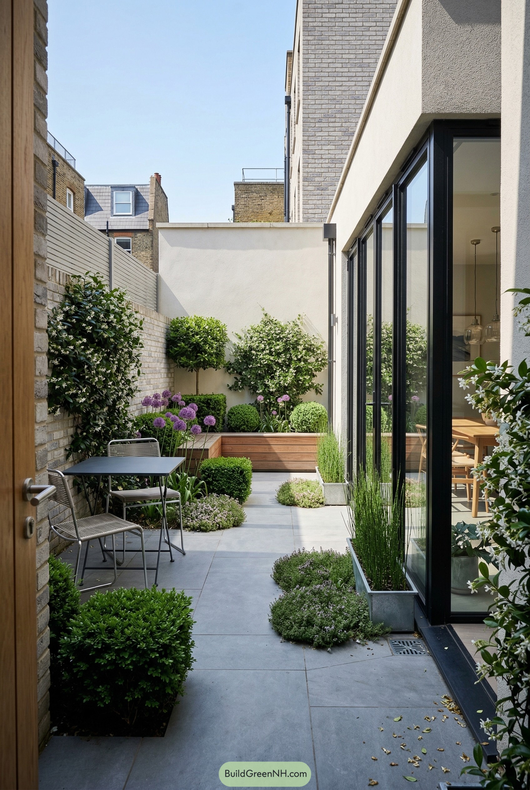 Narrow patio with clipped shrubs and planters