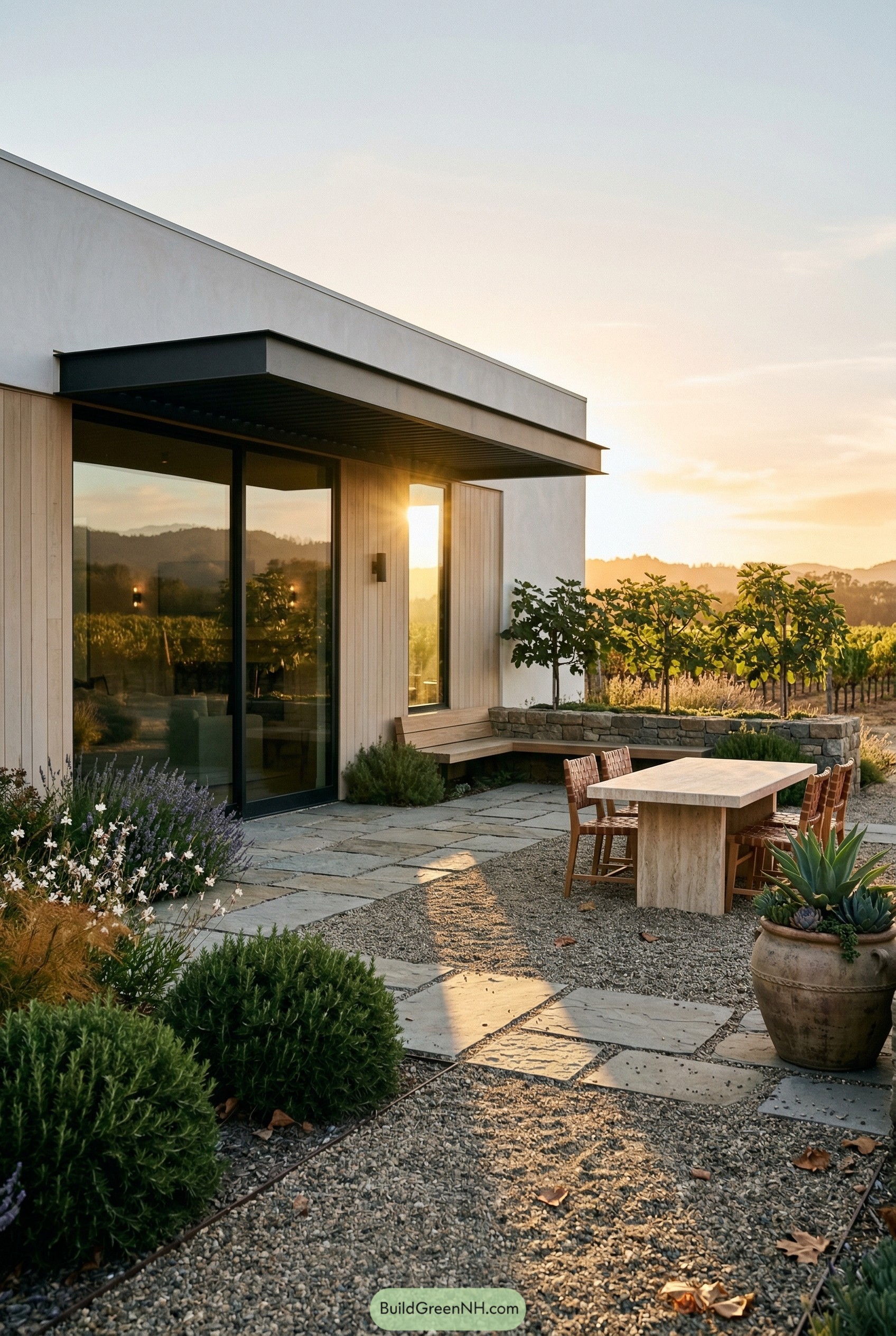Modern gravel patio with stone table by vineyard