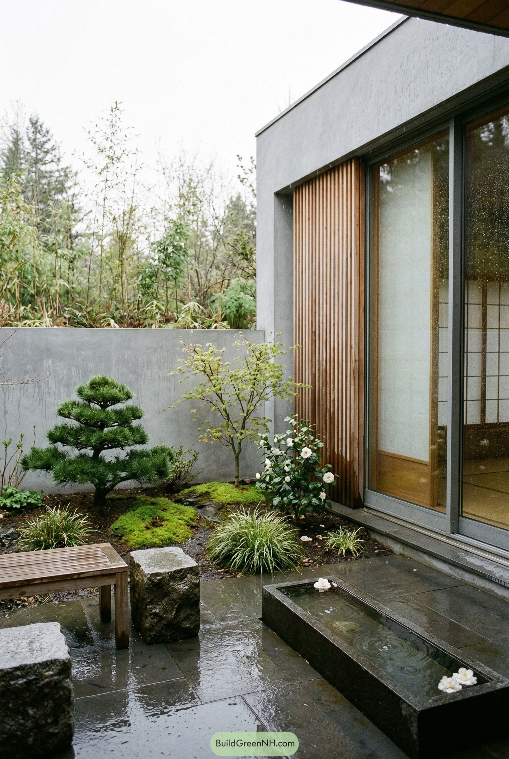Modern Japanese courtyard with moss and water basin