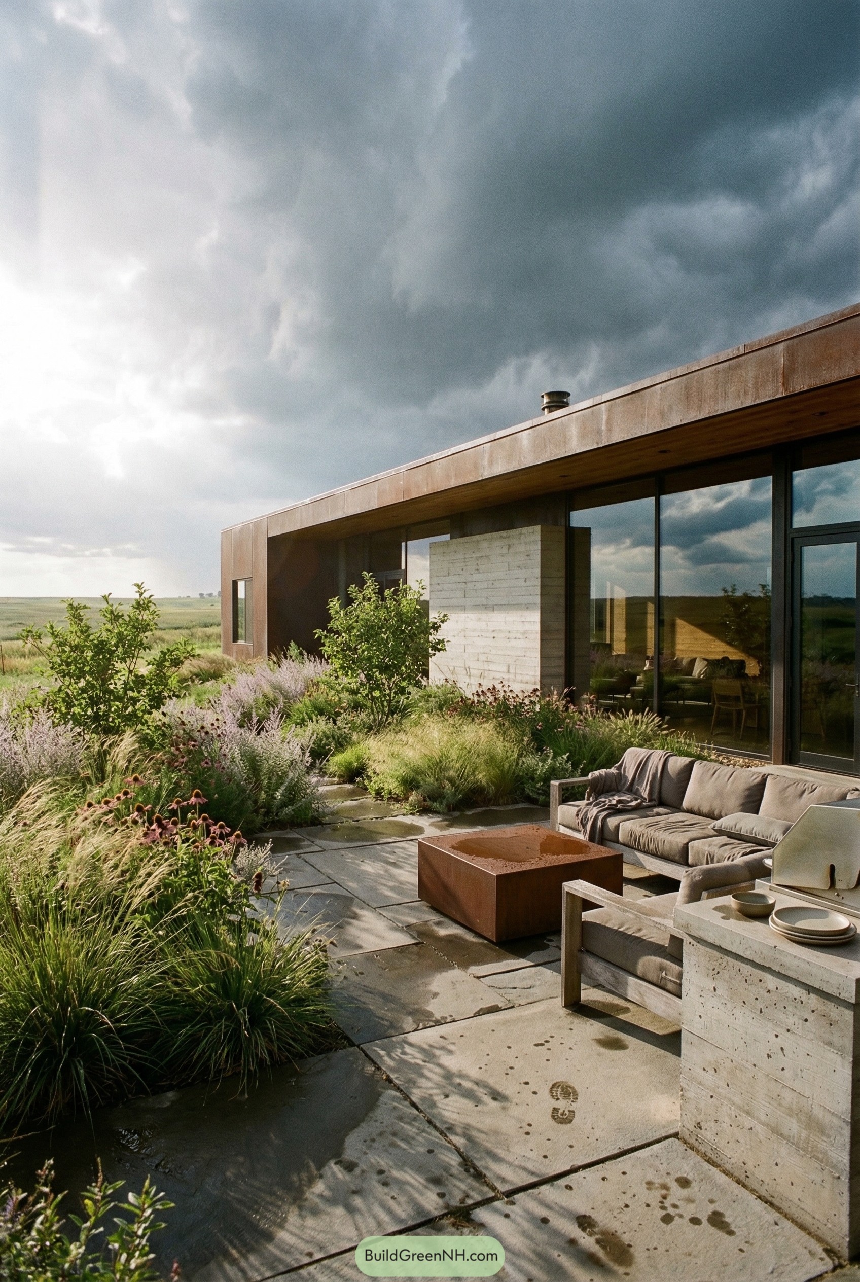 Modern patio with wet stone paving prairie plants and lounge seating beside a glassy home