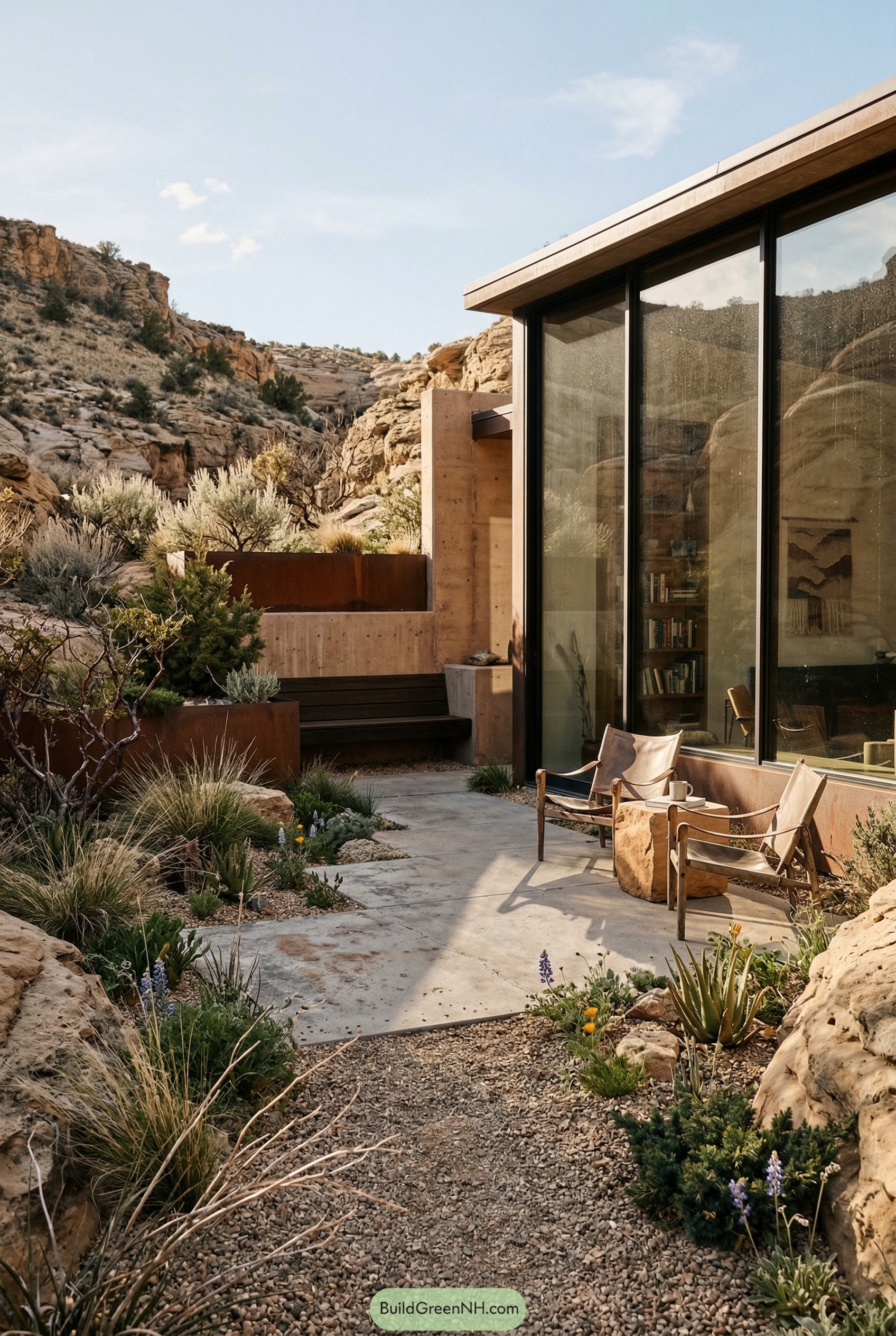 Modern canyon patio with gravel path and chairs