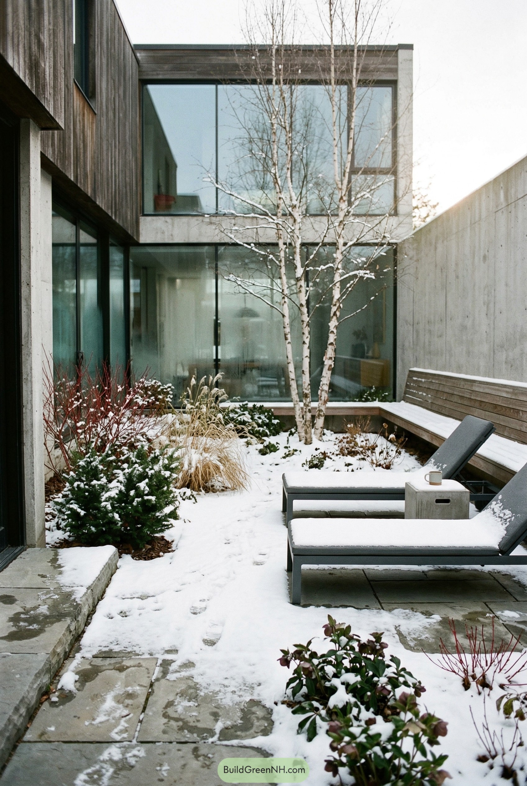 Snow-covered modern courtyard with loungers