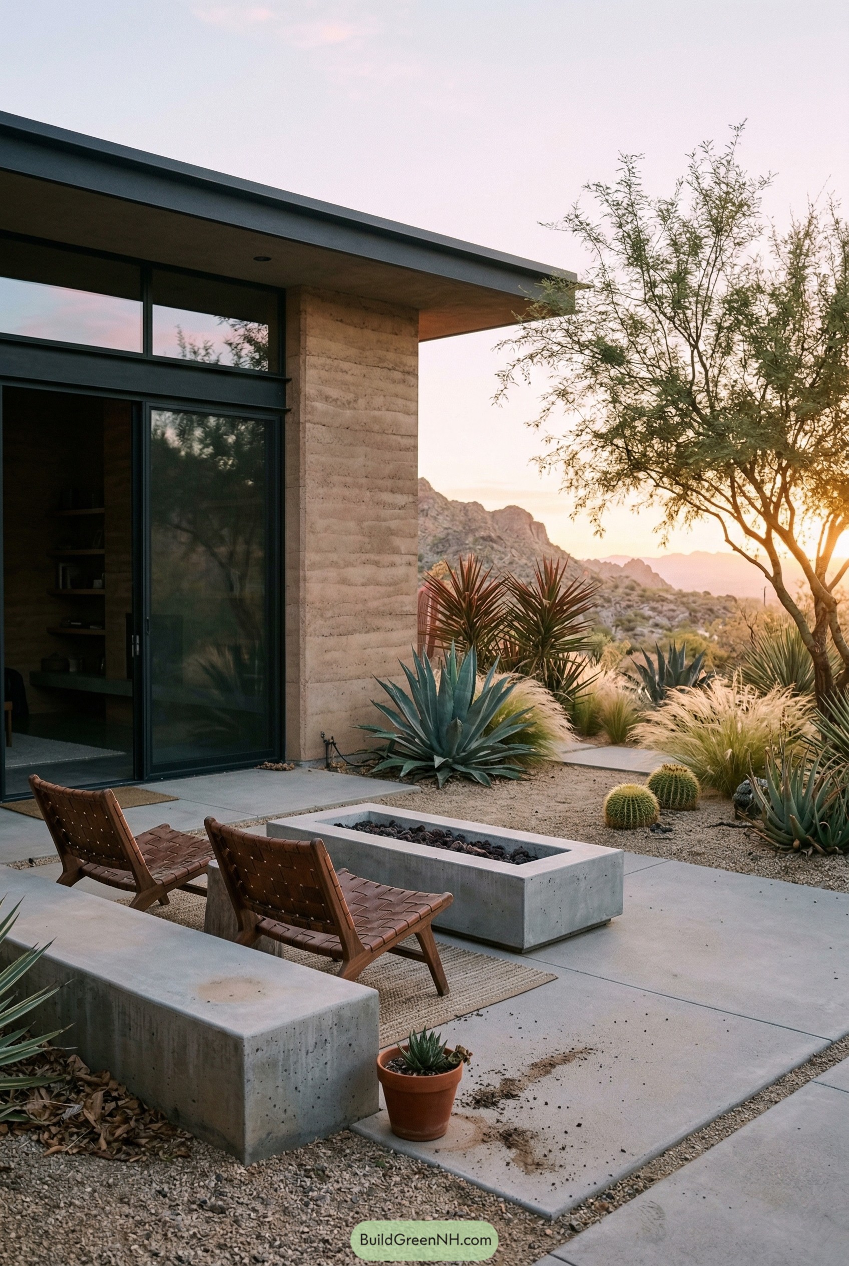 Modern desert patio with fire pit and agaves