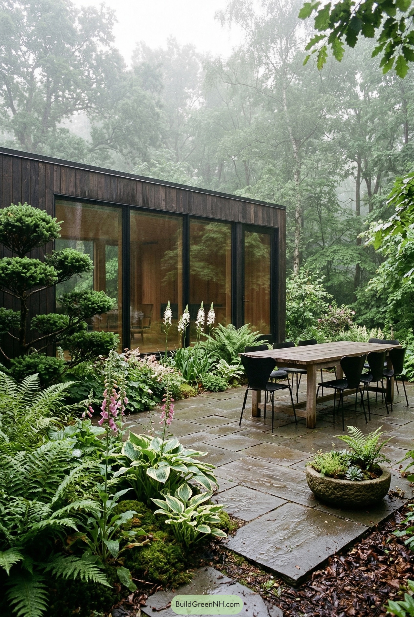 Wet stone patio with lush woodland planting