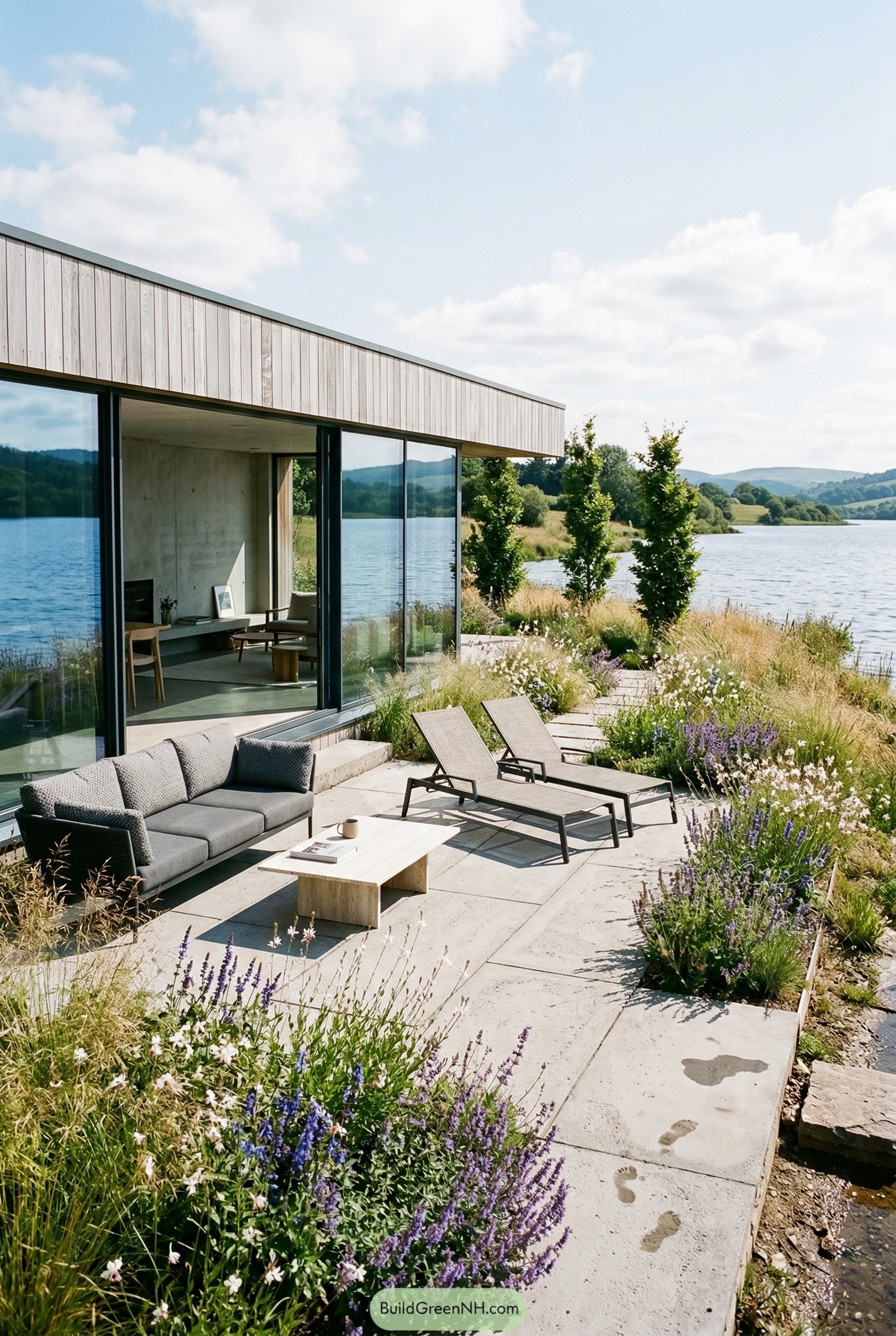 Modern lakeside patio with loungers and wildflowers