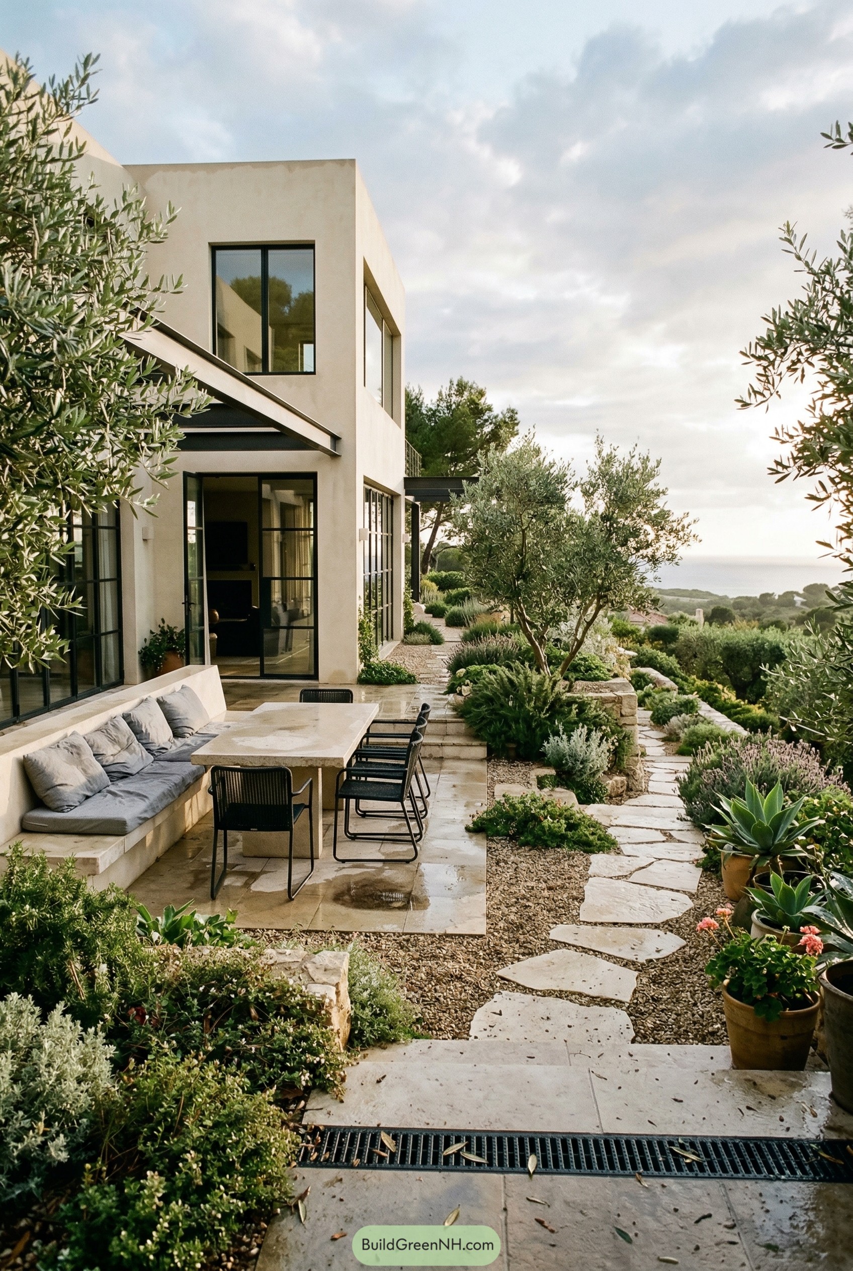 Modern coastal patio with stone dining area and olive trees