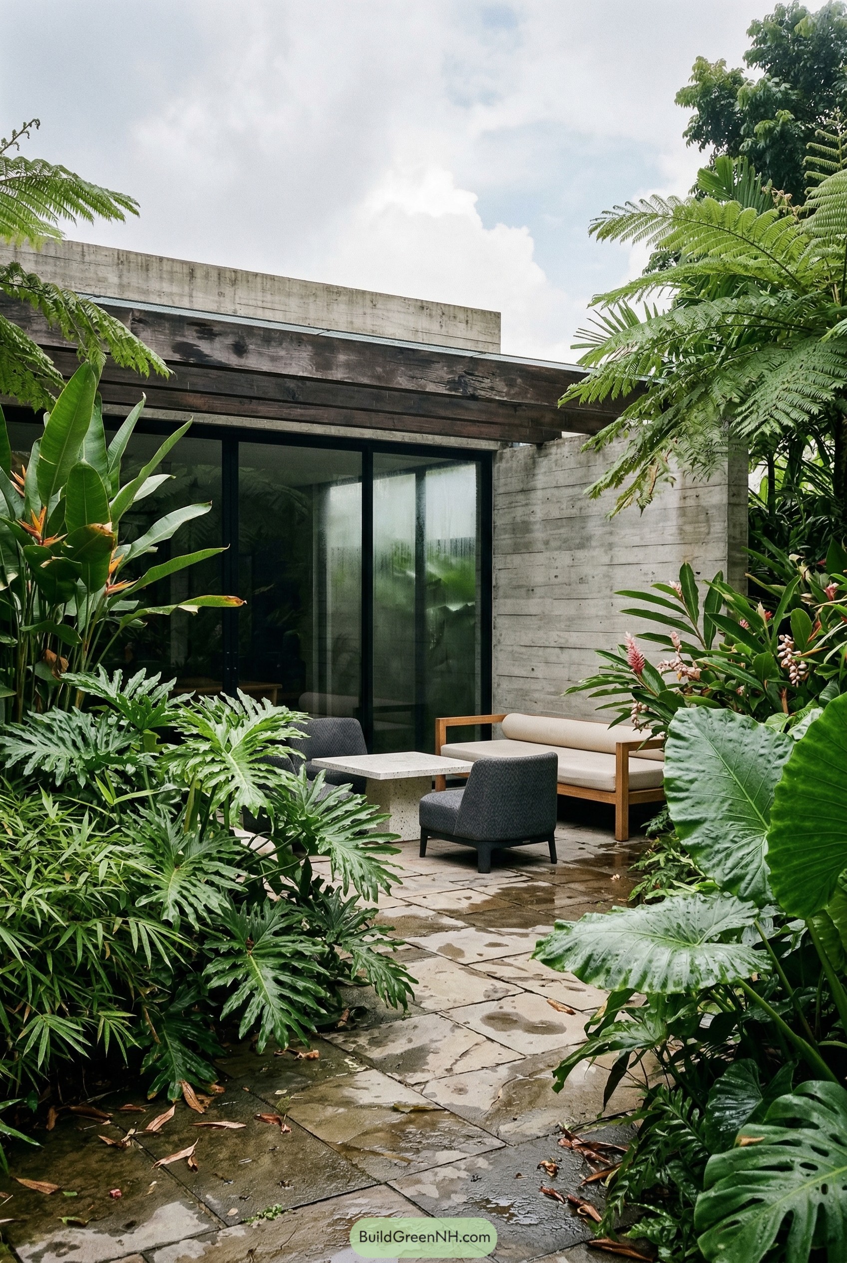 Modern tropical patio with concrete walls and lounge seating