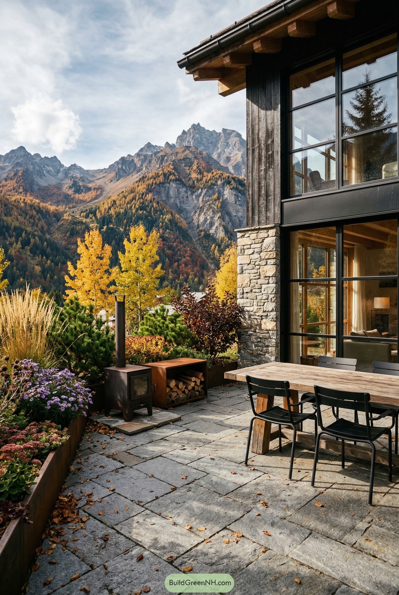 Mountain patio with stone paving and fire stove