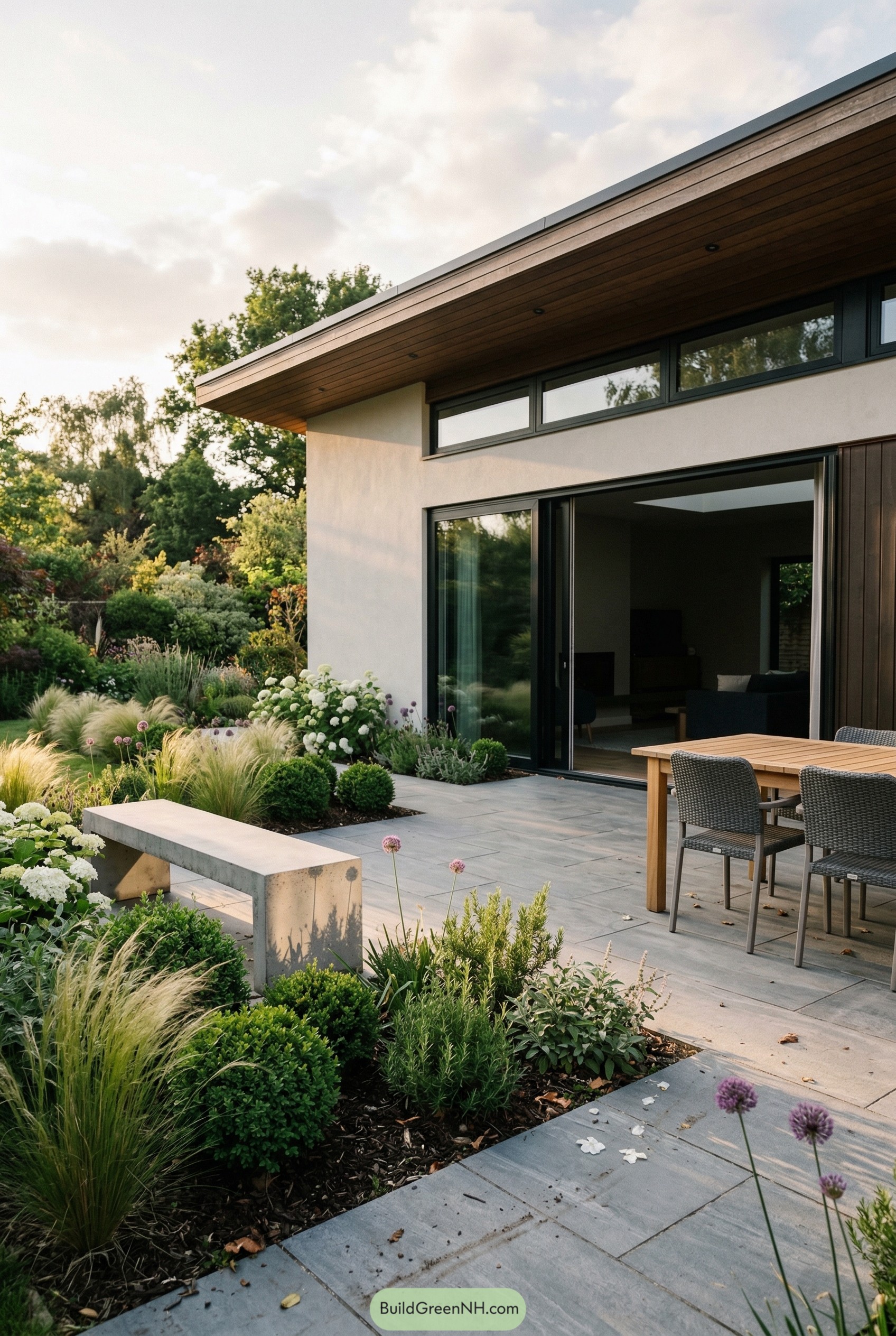 Modern stone patio with layered planting