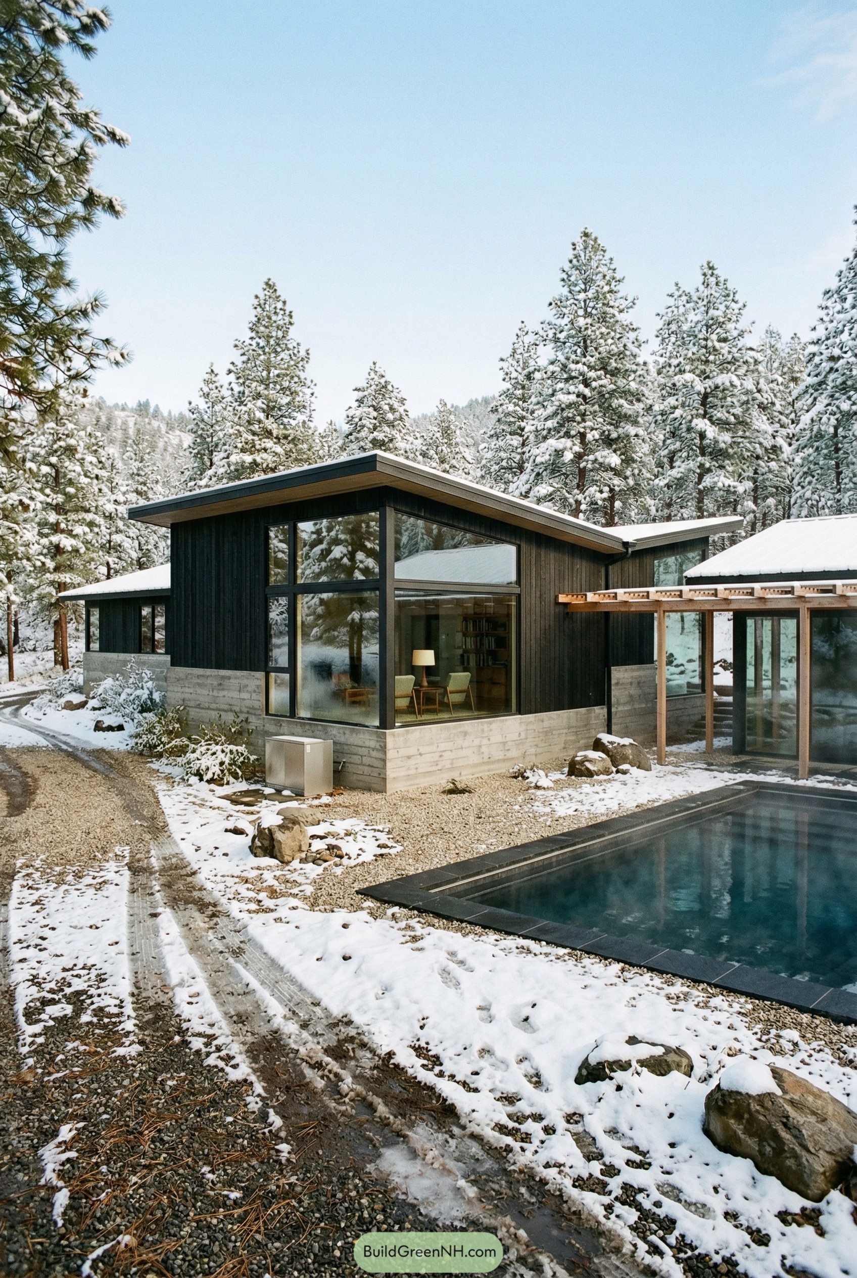 Modern ranch house with pool in snow