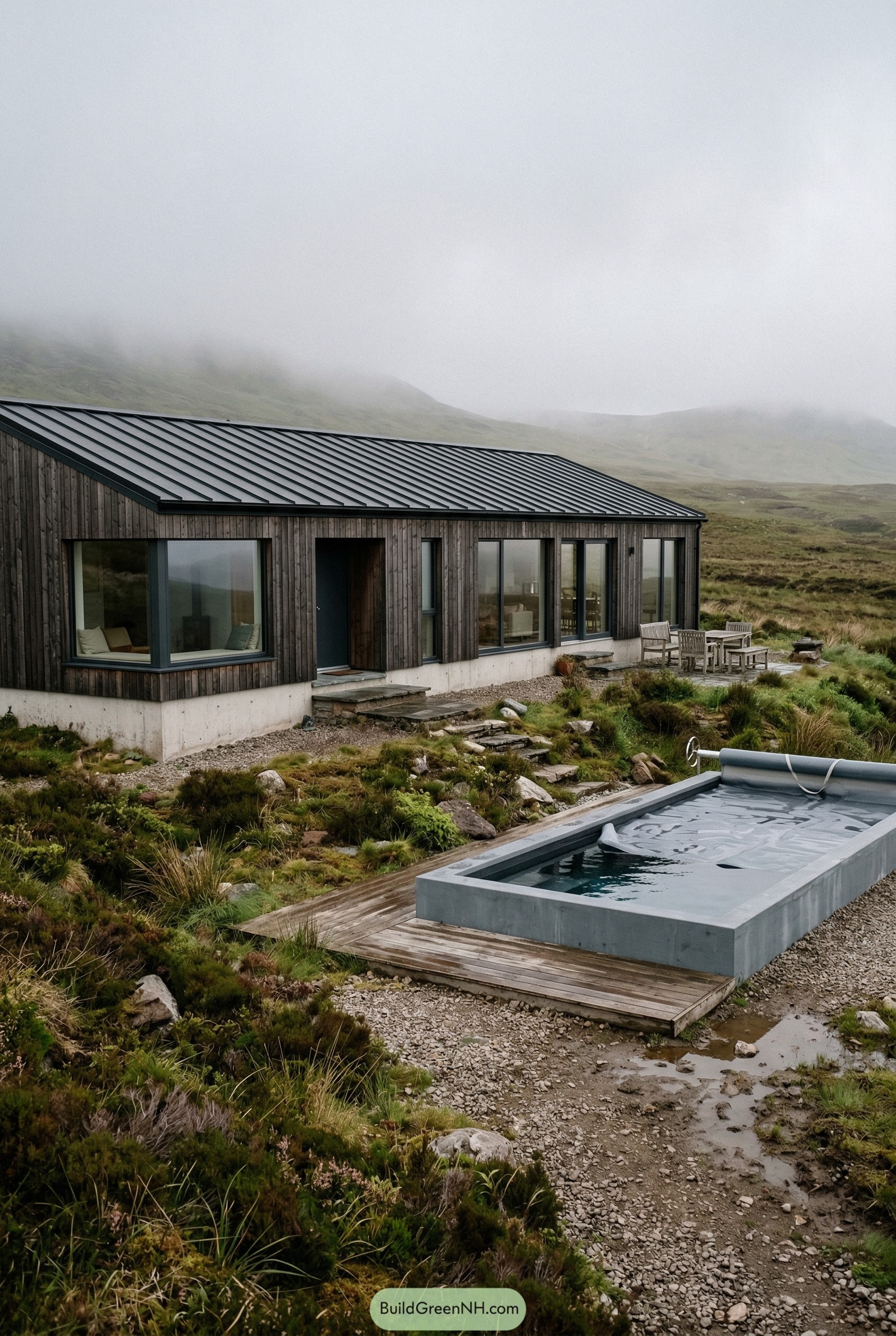Dark timber ranch with plunge pool in misty moor