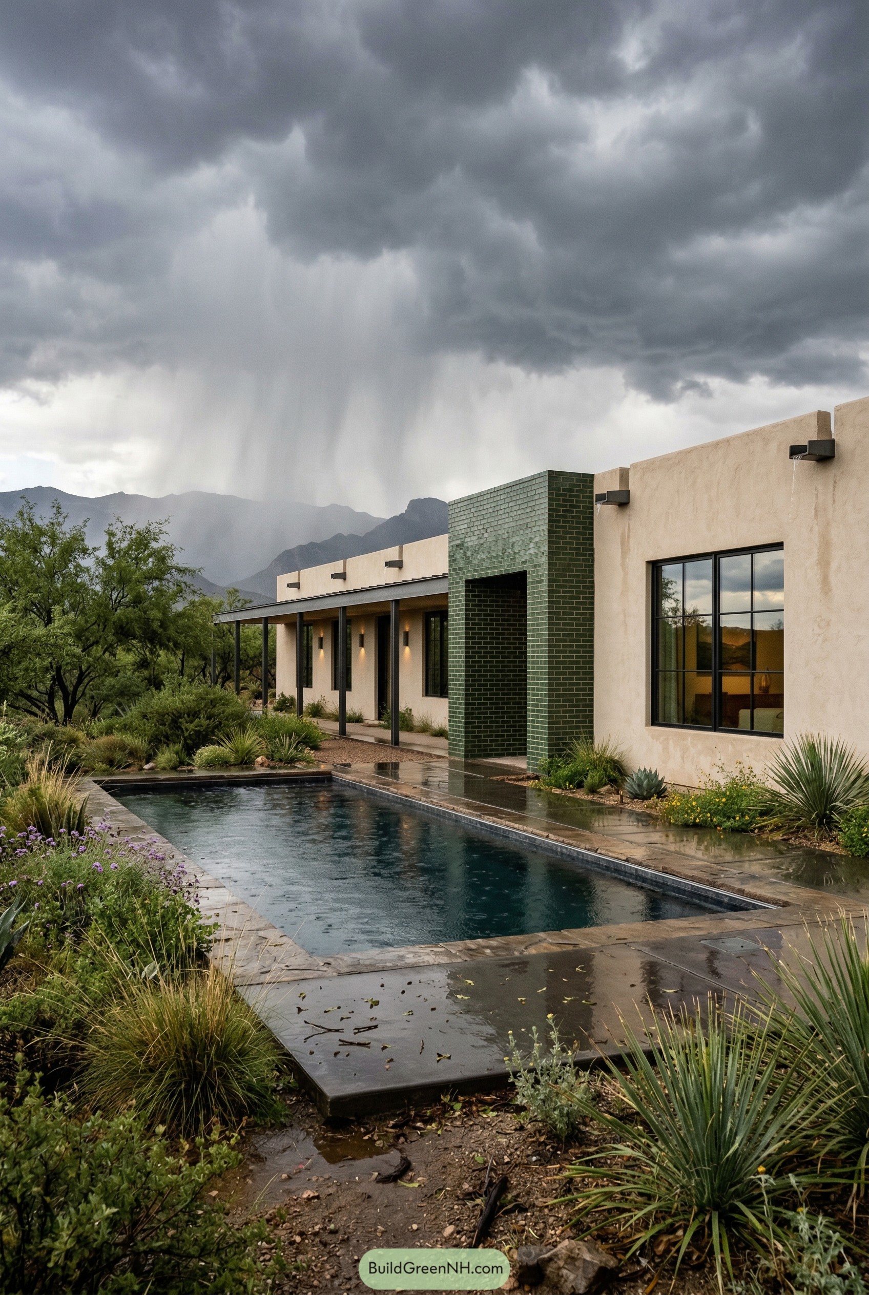 Stucco ranch with narrow pool in desert storm