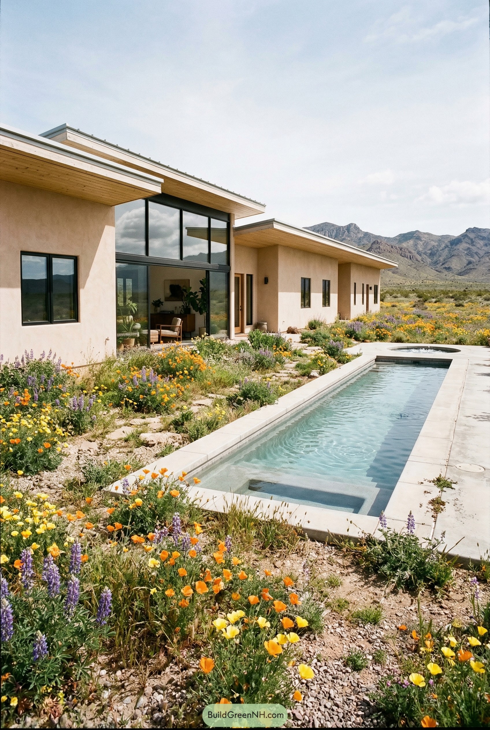 Modern stucco ranch with lap pool and desert wildflowers