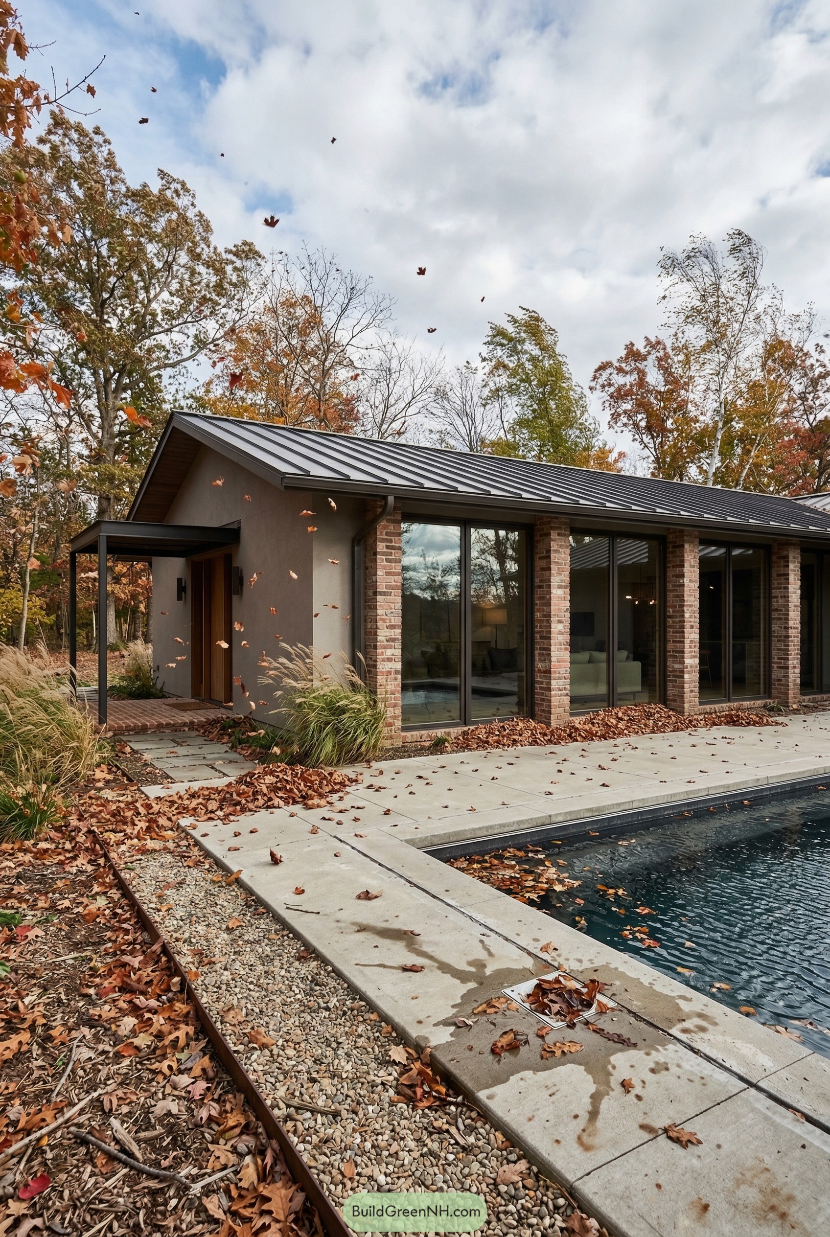 Modern brick ranch with lap pool in autumn woods
