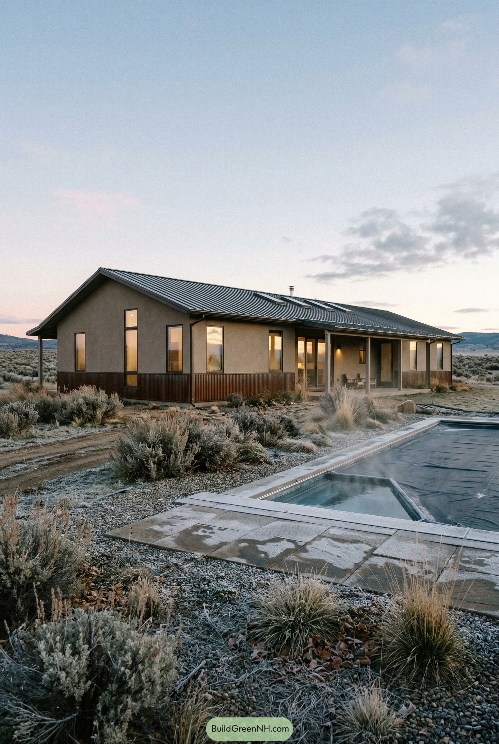 Modern ranch house with pool and spa in frosty sagebrush