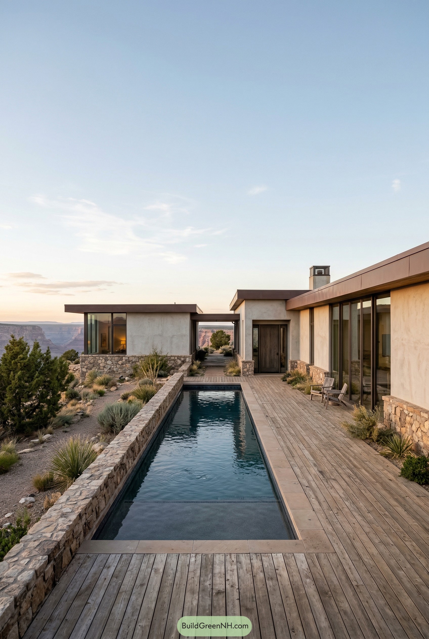 Modern desert ranch with lap pool and canyon view