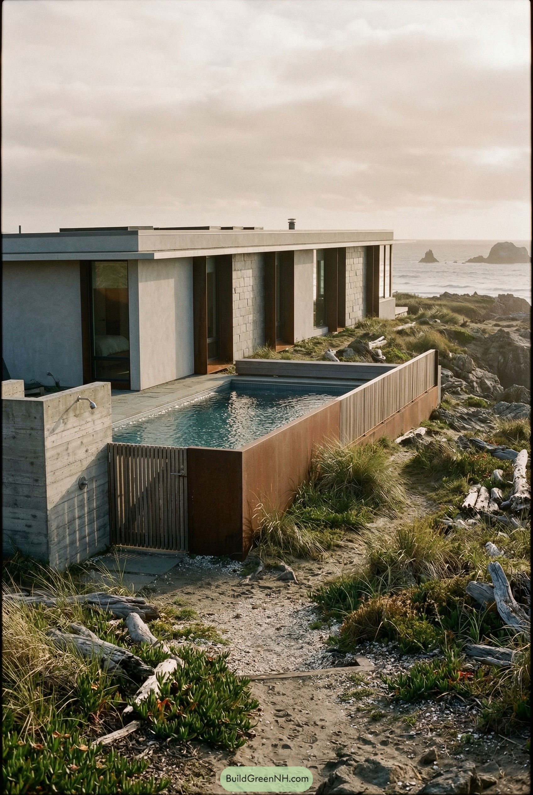 Modern coastal ranch with raised pool by the sea