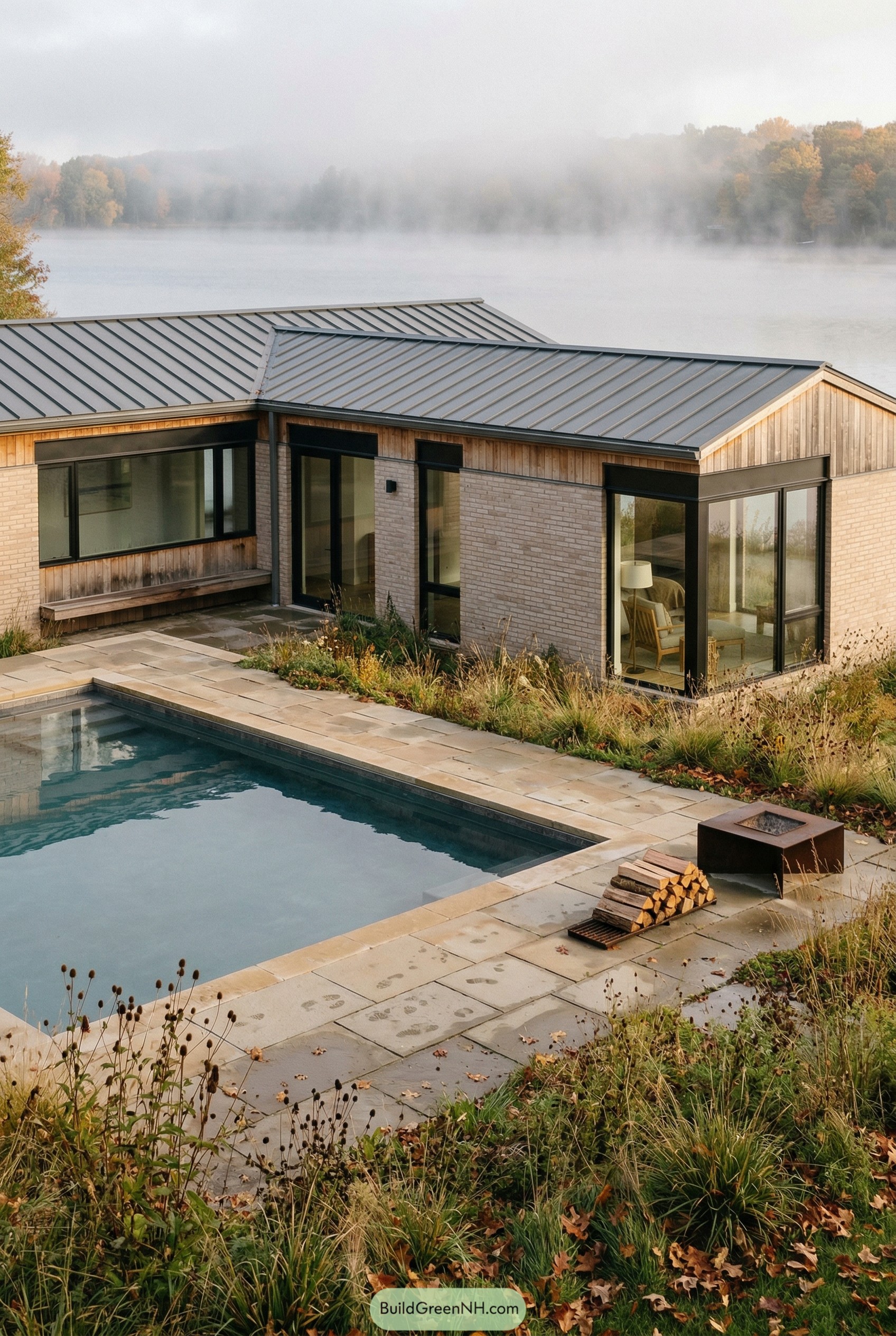 Modern lakeshore ranch with pool and misty water view