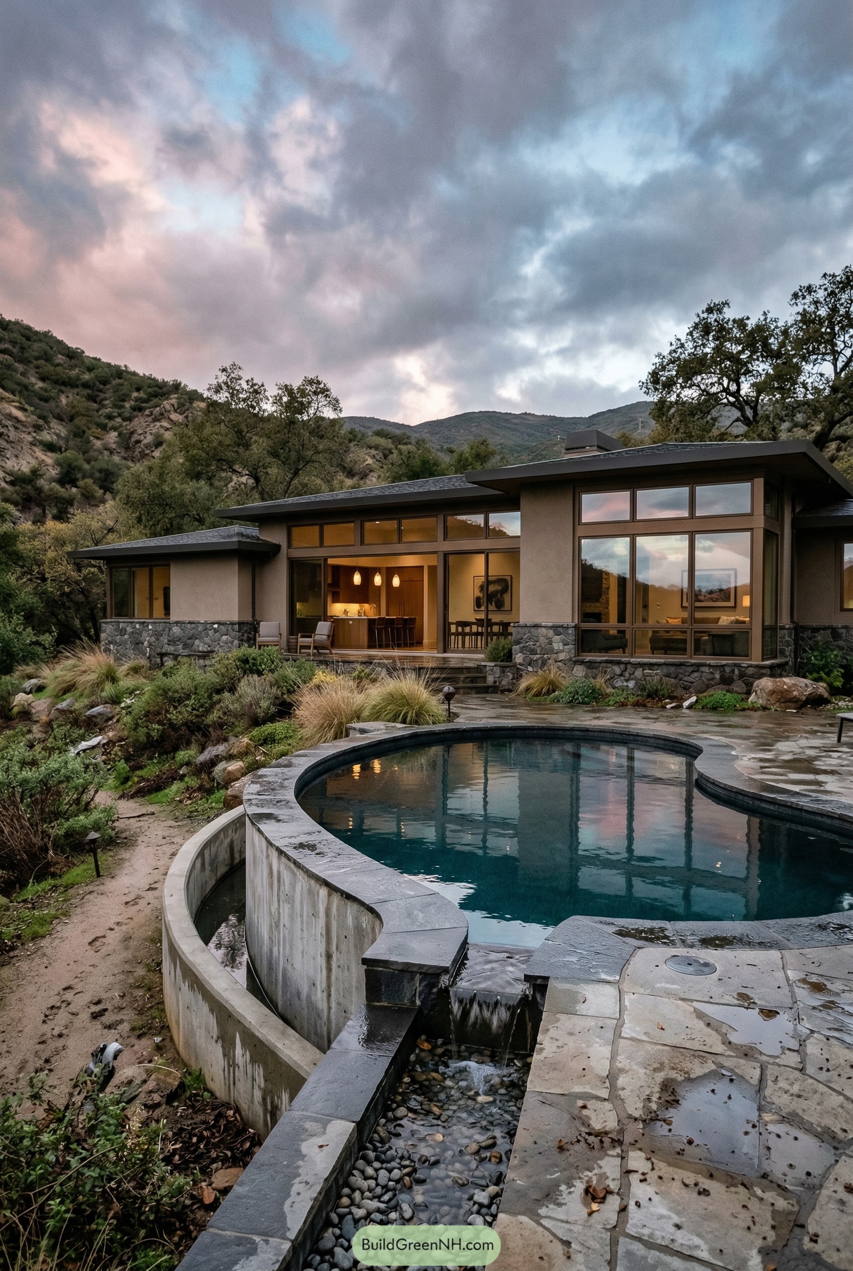 Hillside ranch house with curved pool