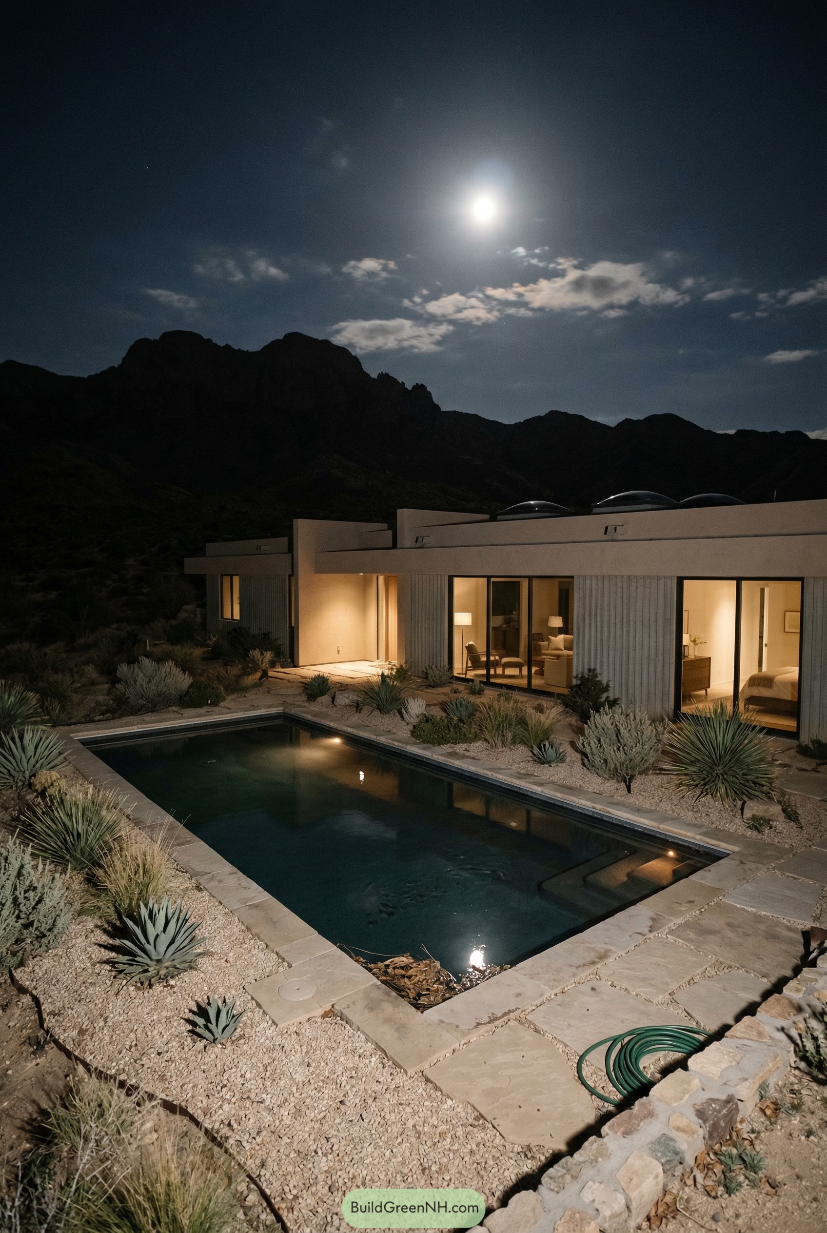 Modern desert ranch with rectangular pool at night