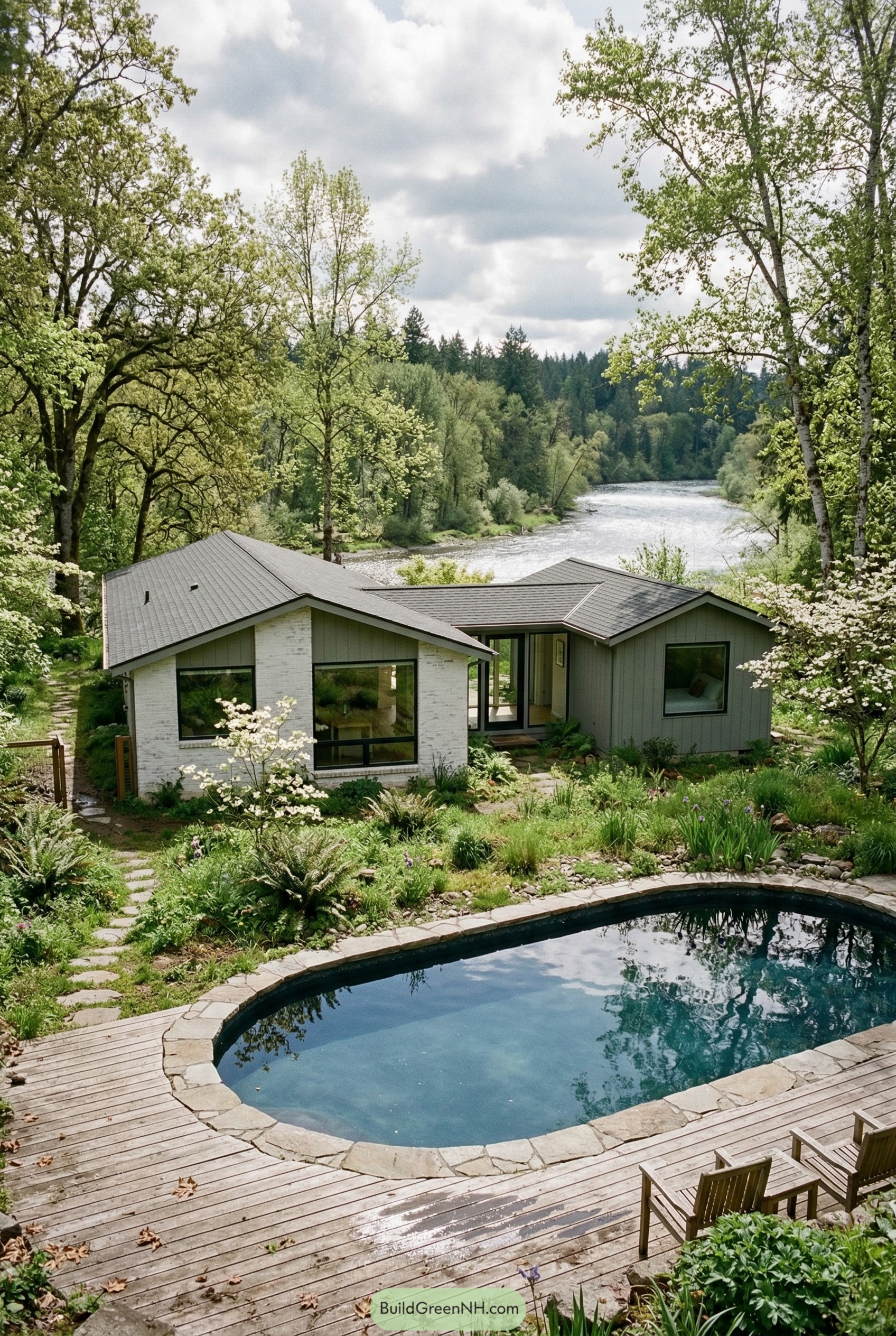 Modern riverside ranch with freeform pool
