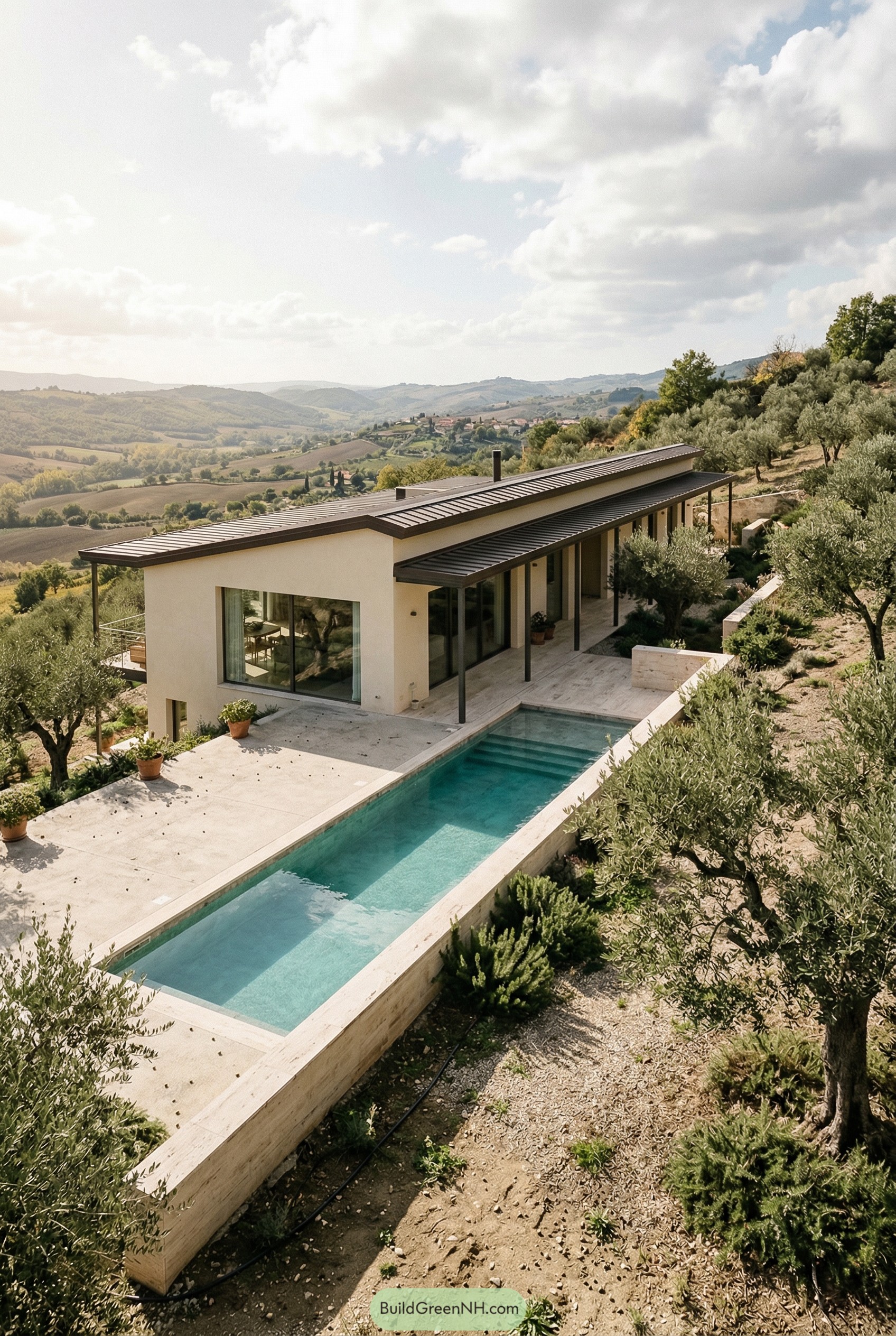 Modern hillside longhouse with narrow pool